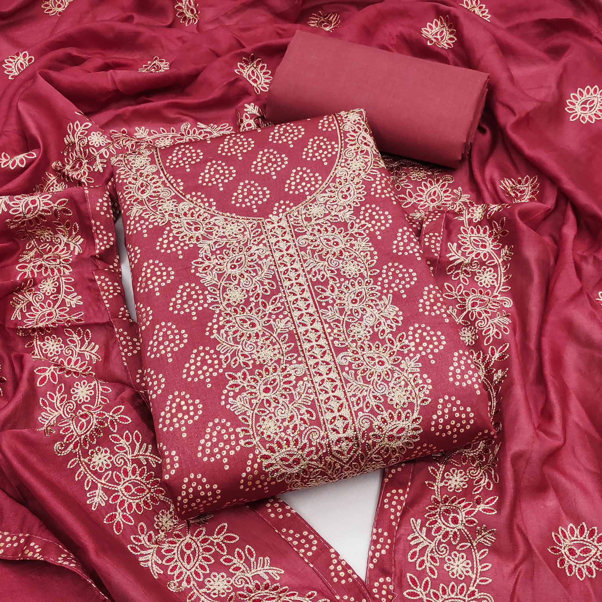 Pink Bandhani Print Cotton Dress Material Accented with Embroidered Neckline