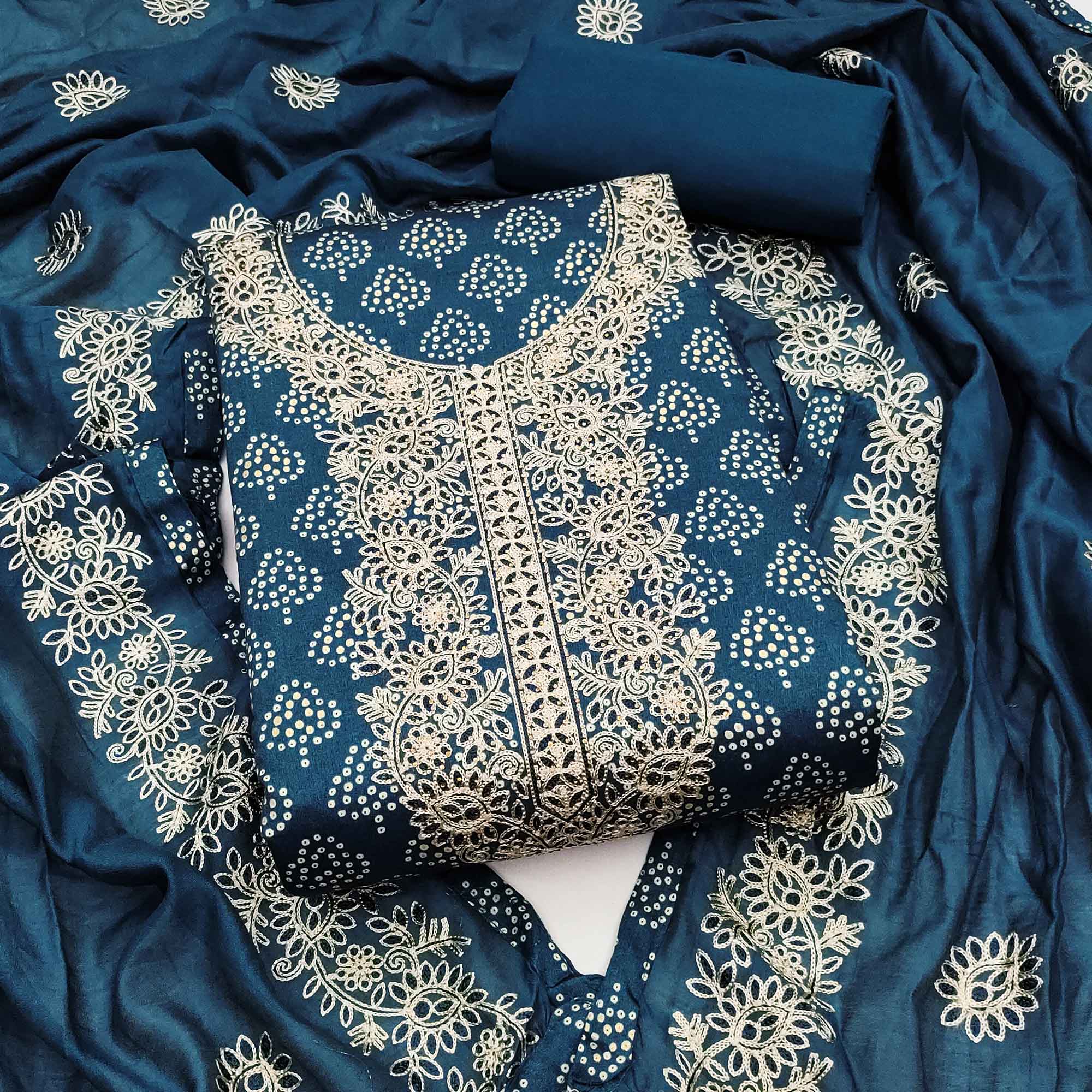 Teal Bandhani Print Cotton Dress Material Accented with Embroidered Neckline