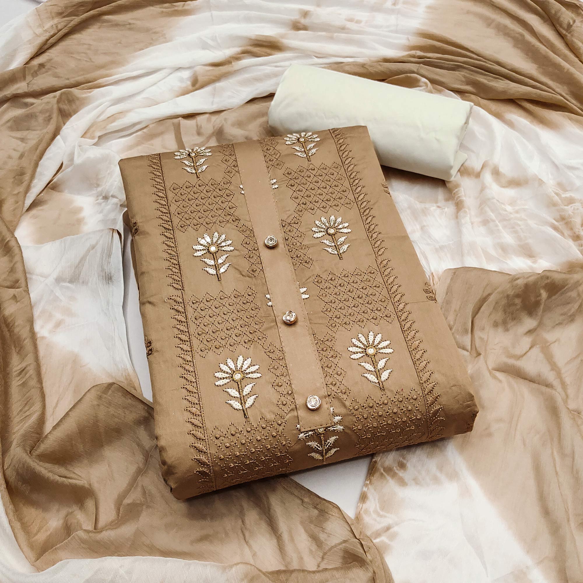 Stylish Chikoo Flower Motif Embroidery With Sequins Work Cotton Blend Dress Material