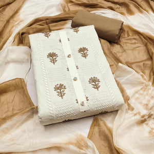 Stylish Offwhite Flower Motif Embroidery With Sequins Work Cotton Blend Dress Material