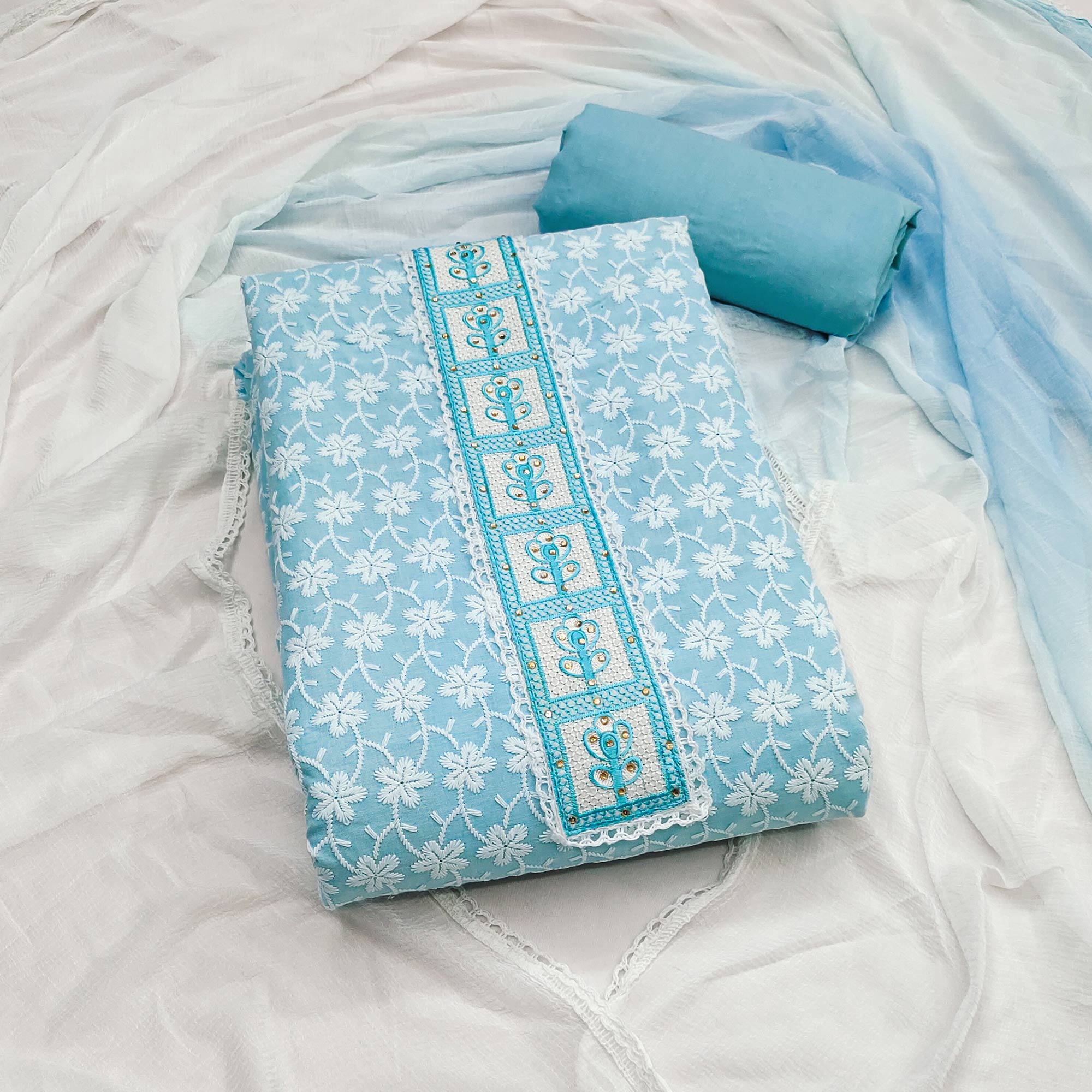 Blue Floral Chikankari Embroidered With Stone Work Dress Material In Premium Cotton Blend