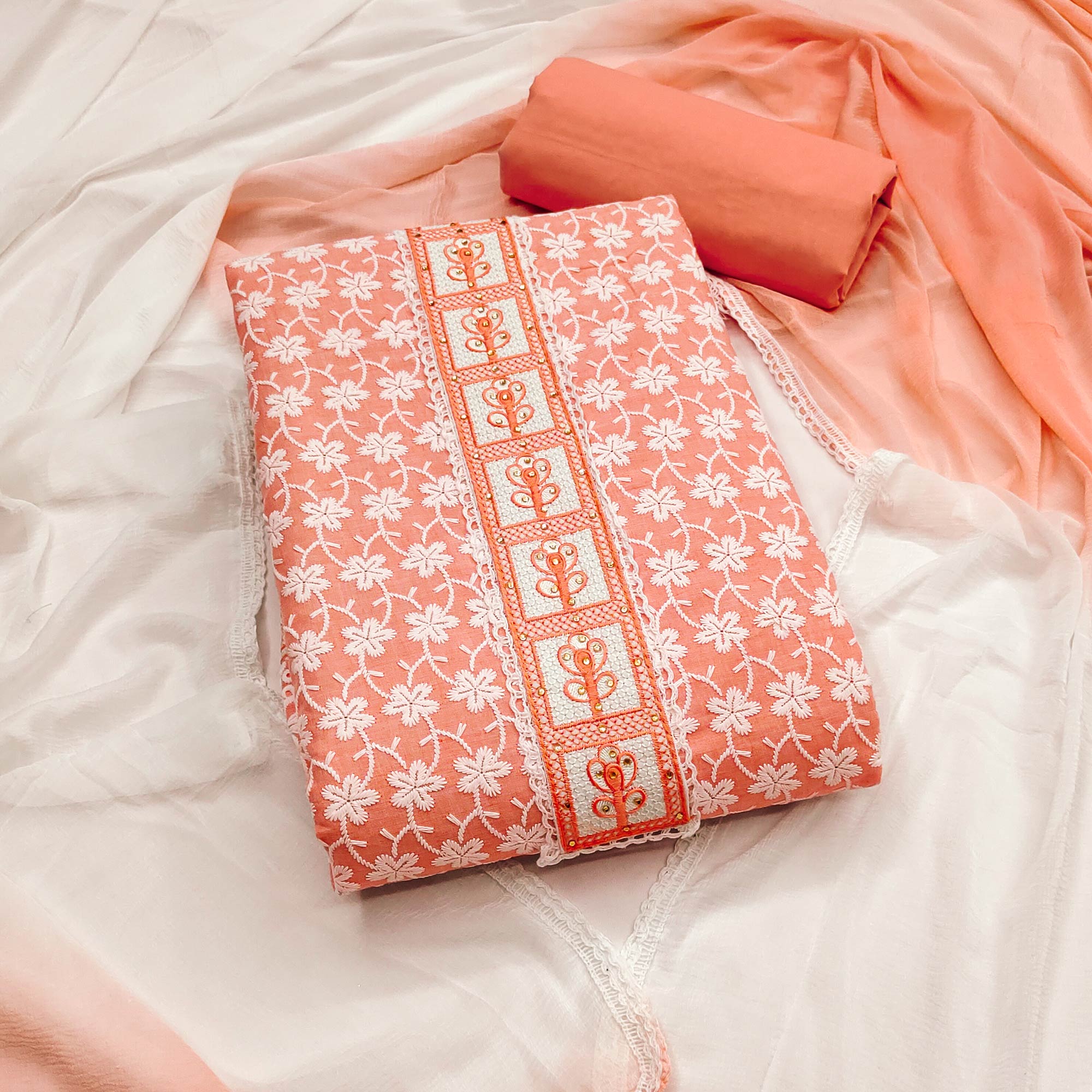 Peach Floral Chikankari Embroidered With Stone Work Dress Material In Premium Cotton Blend