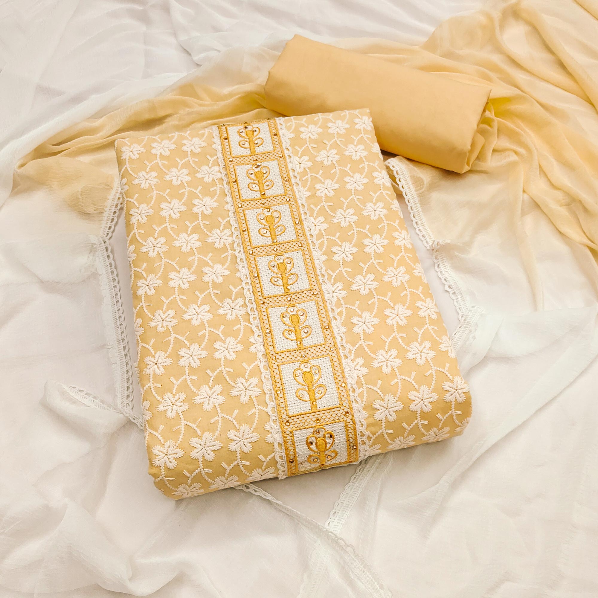 Yellow Floral Chikankari Embroidered With Stone Work Dress Material In Premium Cotton Blend