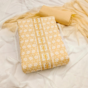 Yellow Floral Chikankari Embroidered With Stone Work Dress Material In Premium Cotton Blend