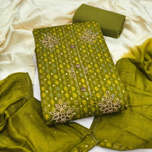 Green Cotton Blend Dress Material Adorned With Exquisite Floral Embroidery & Sparkling Stonework