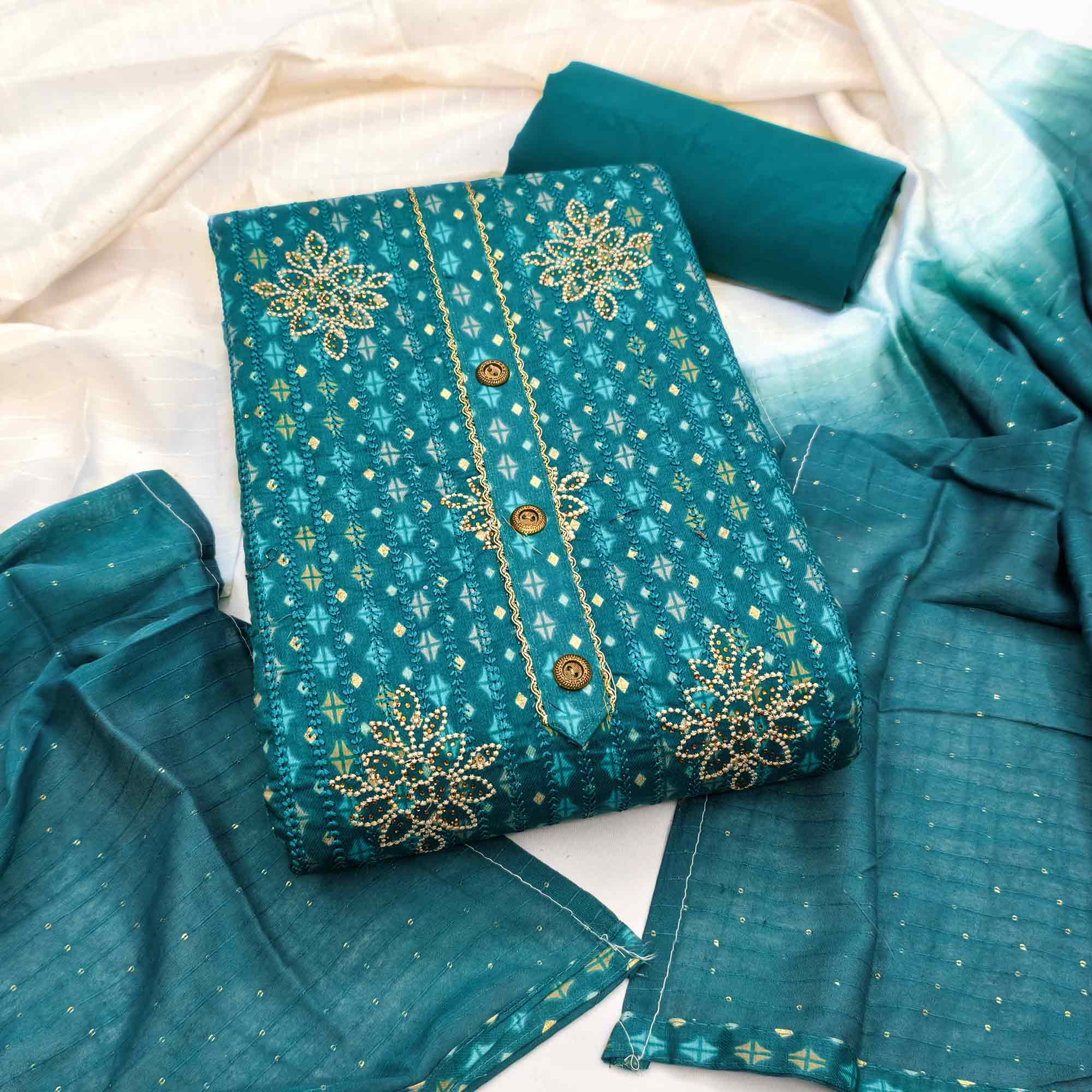 Teal Cotton Blend Dress Material Adorned With Exquisite Floral Embroidery & Sparkling Stonework