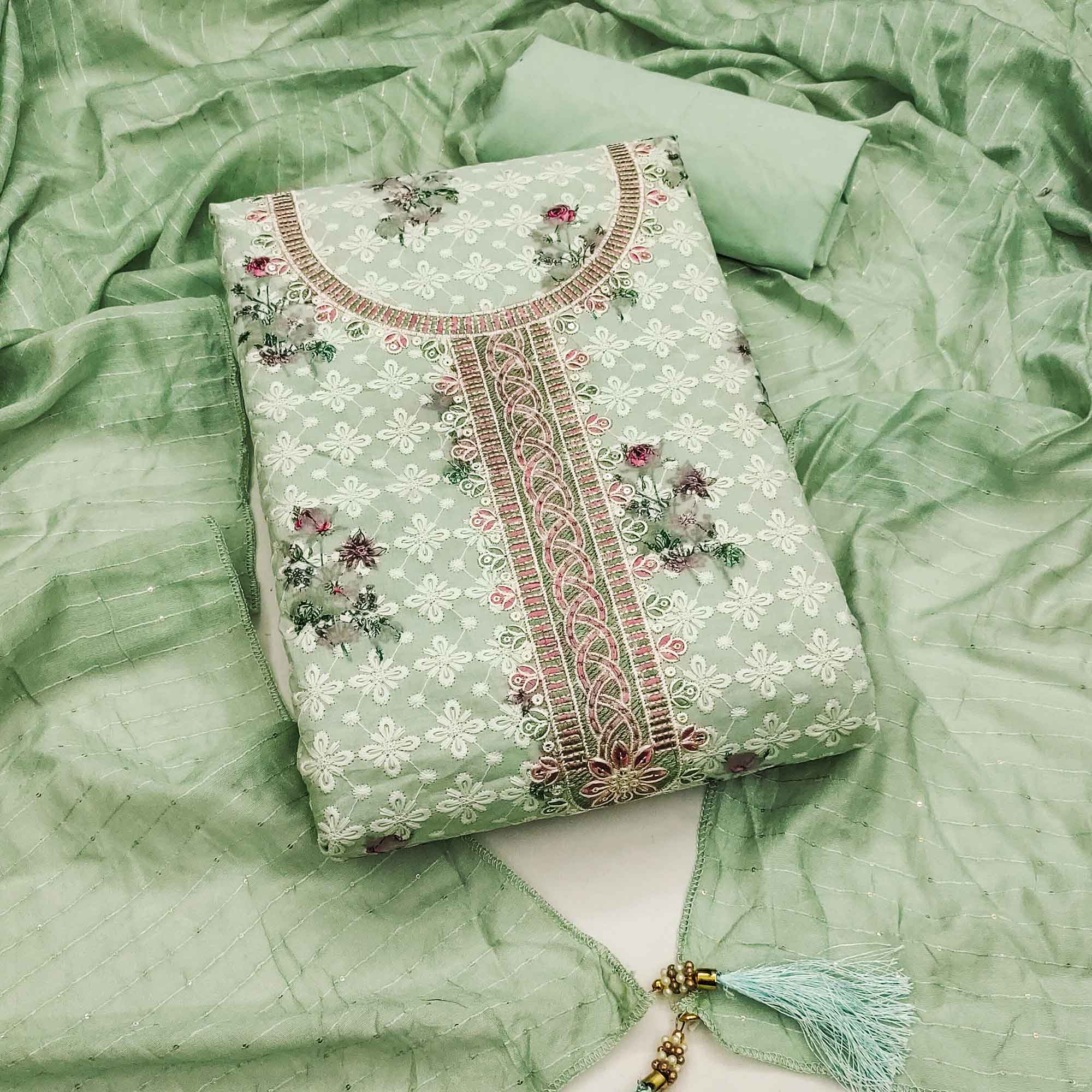 Green Pure Cotton Dress Material Featuring Elegant Floral Embroidery With Shimmering Sequins