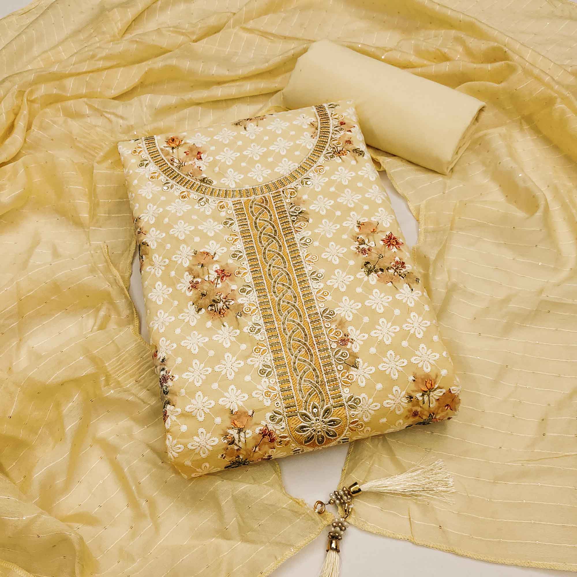 Light Yellow Pure Cotton Dress Material Featuring Elegant Floral Embroidery With Shimmering Sequins