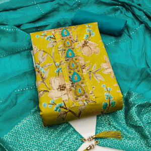 Lemon Yellow Pure Cotton Dress Material With Floral Print & Delicate Neck Hand Embroidery