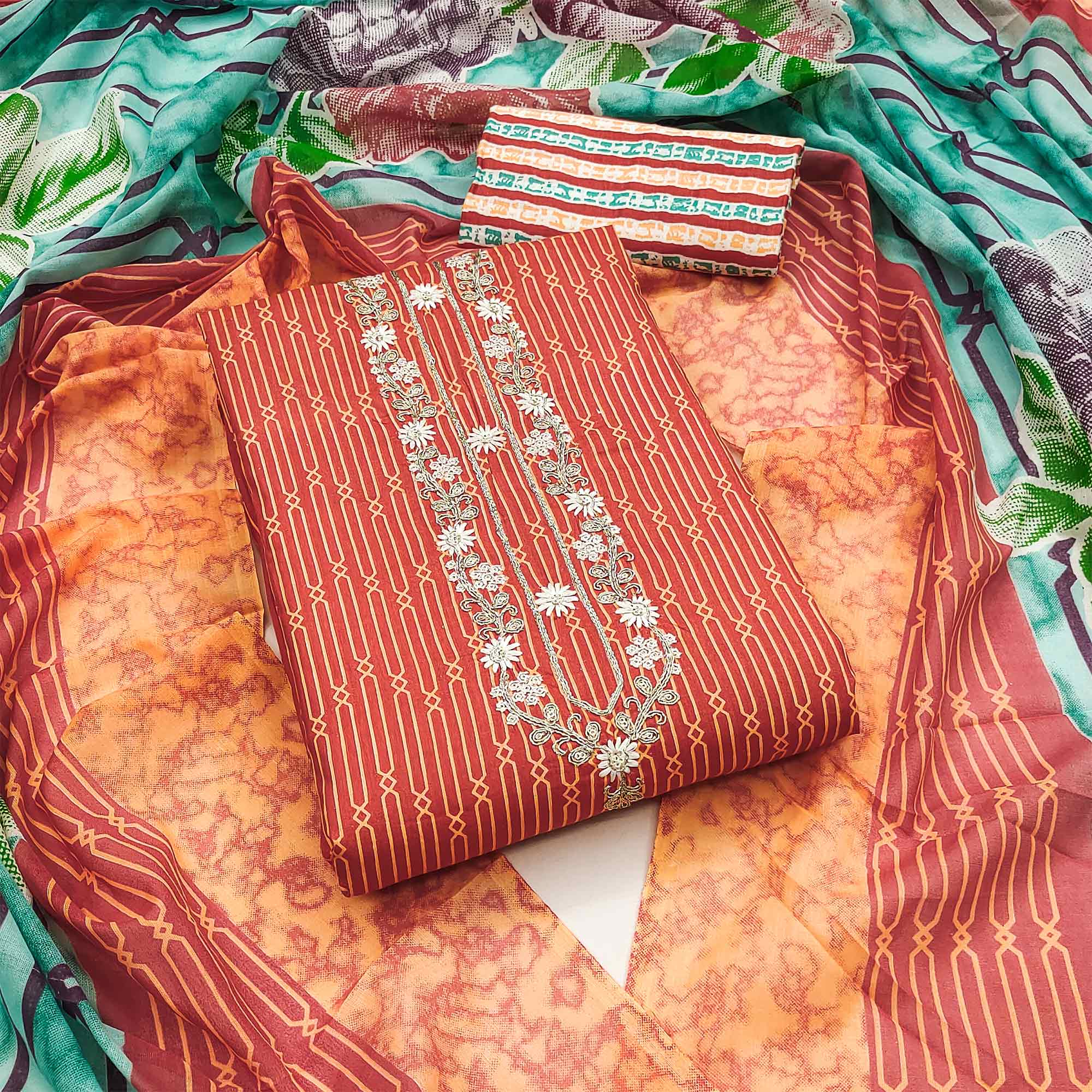 Dusty Orange Printed Pure Cotton Unstitched Dress Material