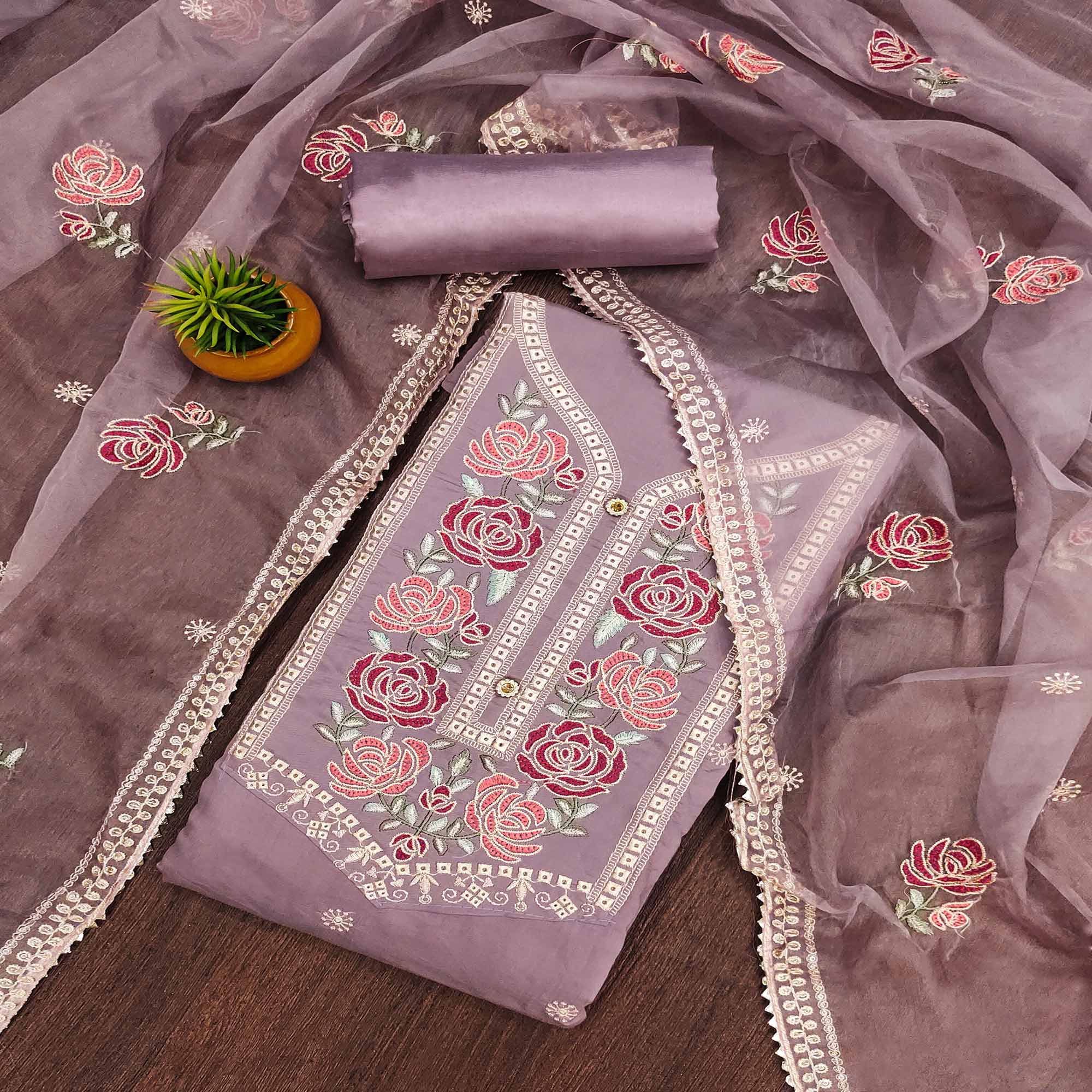 Mauve Floral Embroidered Cotton Blend Dress Material