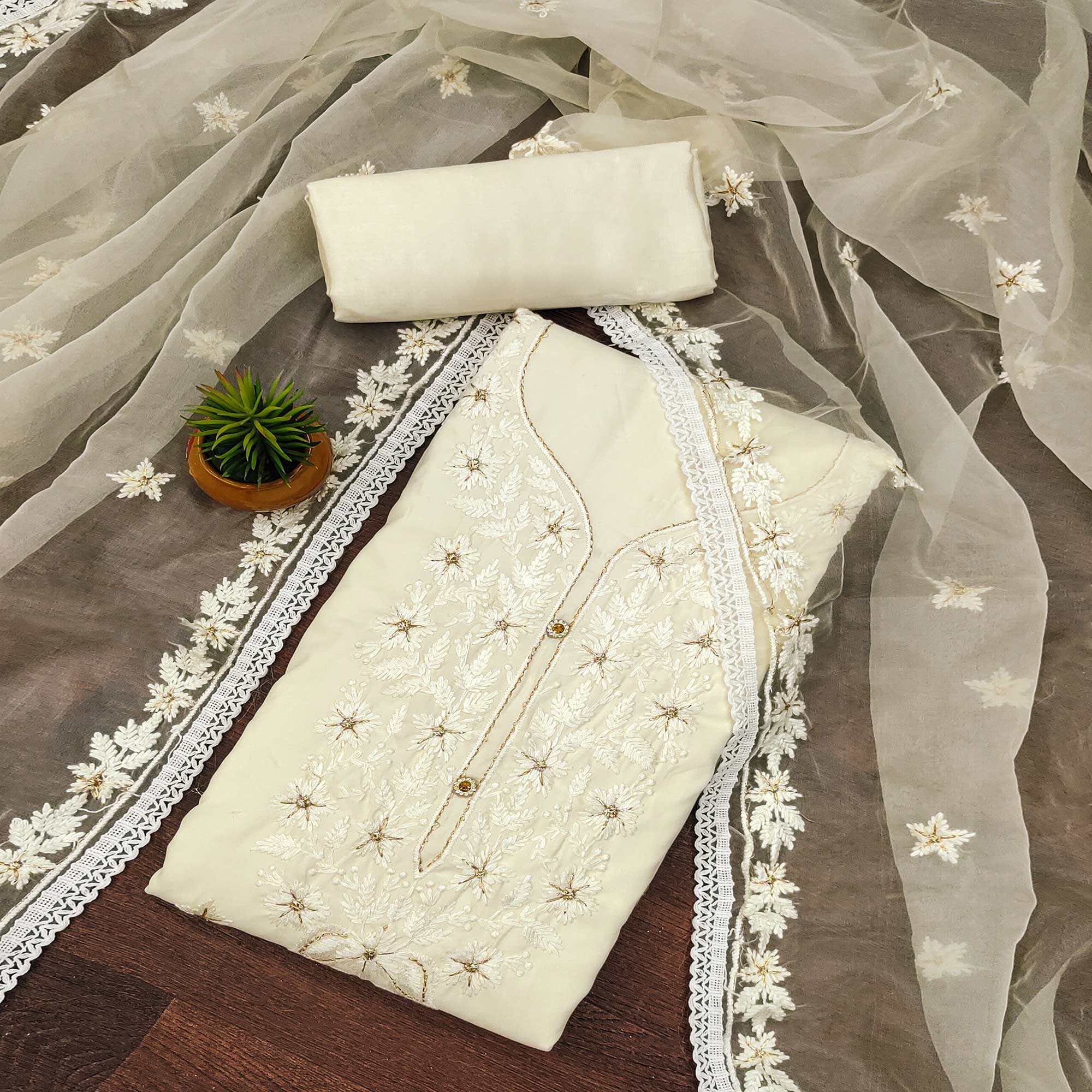 Off White Floral Embroidered Cotton Blend Dress Material