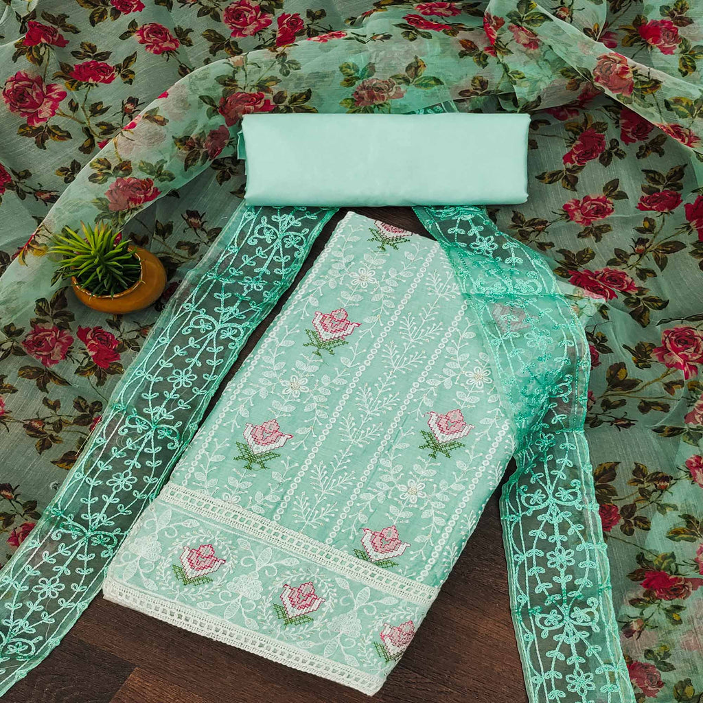 Turquoise blue Printed Cotton Dress Material With Dupatta