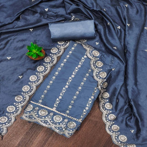 Blue Embroidered Pure Cotton Dress Material