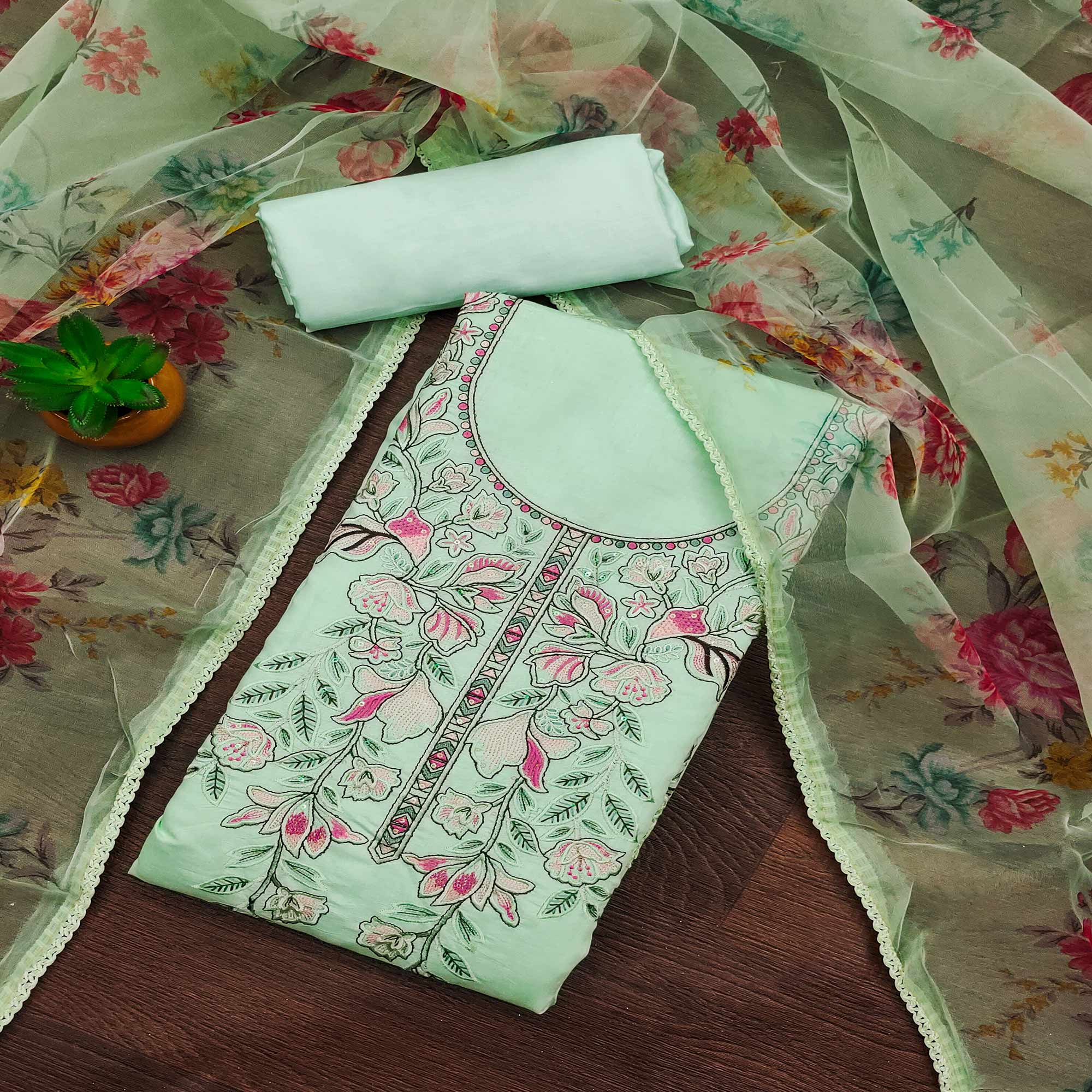 Sea Green Floral Sequins Embroidered Cotton Silk Dress Material