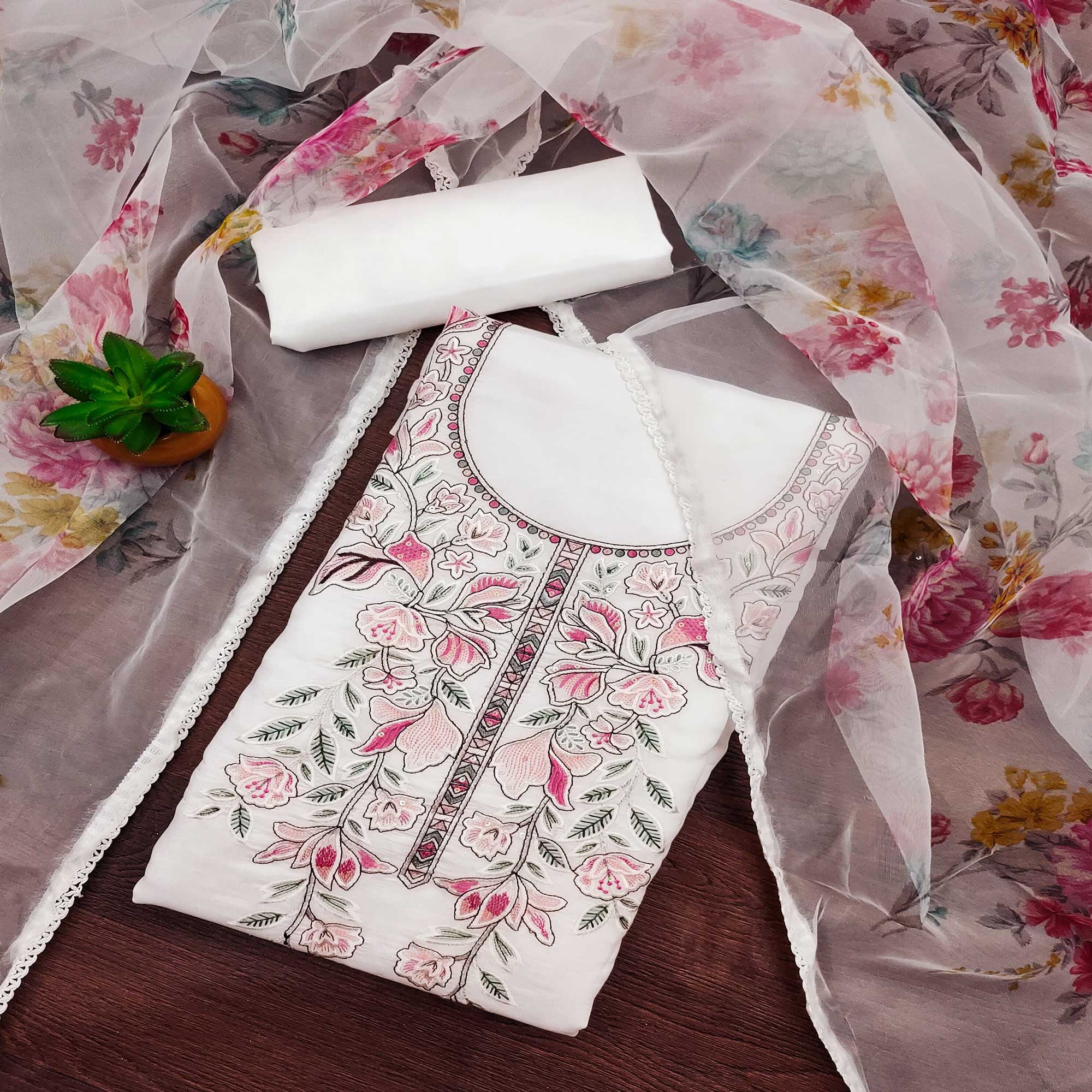 White Floral Sequins Embroidered Cotton Silk Dress Material