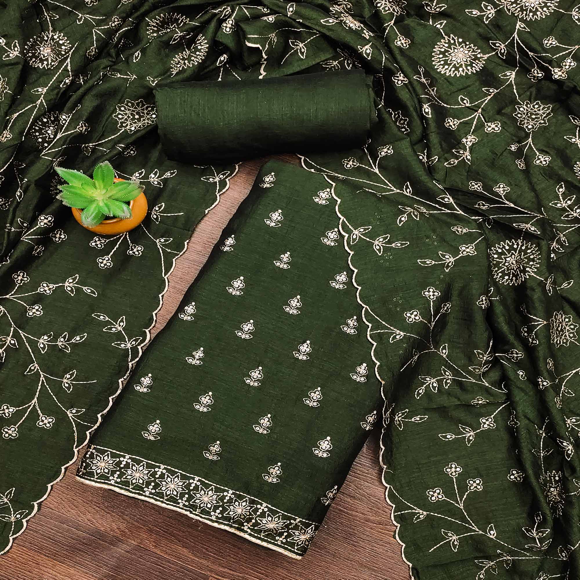 Mehandi Green Sequins Embroidered Vichitra Silk Dress Material