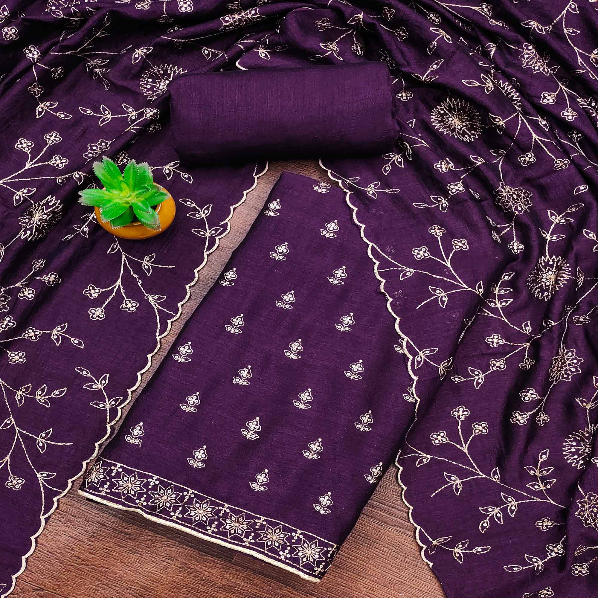 Purple Sequins Embroidered Vichitra Silk Dress Material