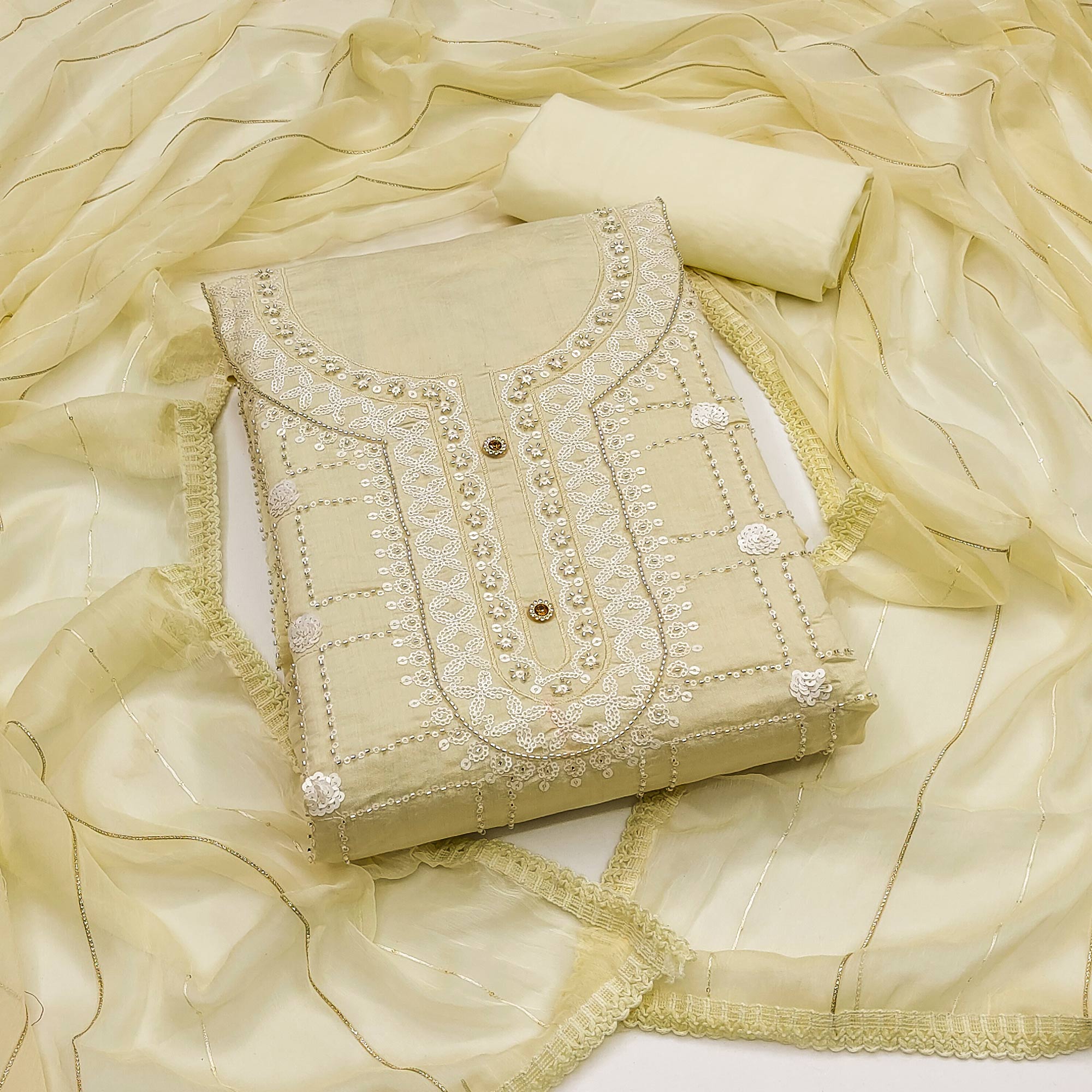 Light Yellow Sequins Embroidery Chanderi Silk Dress Material