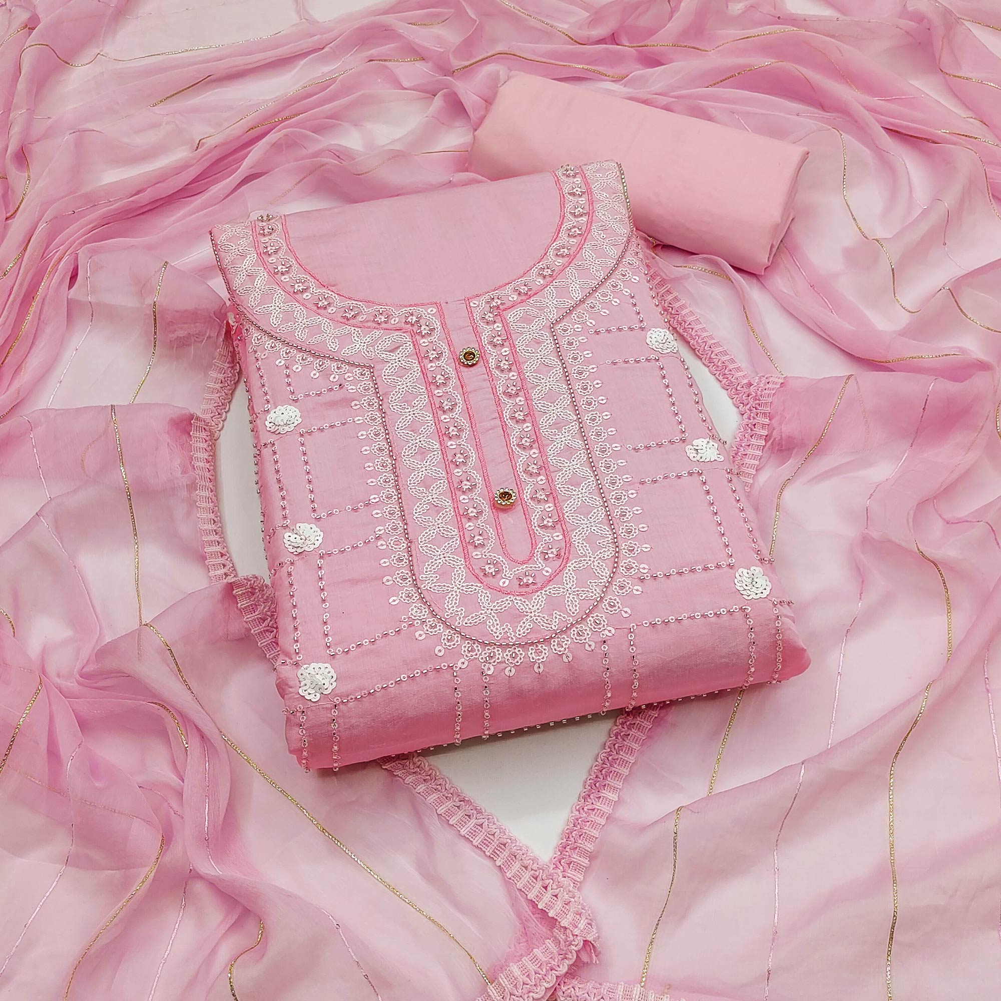 Pink Sequins Embroidery Chanderi Silk Dress Material