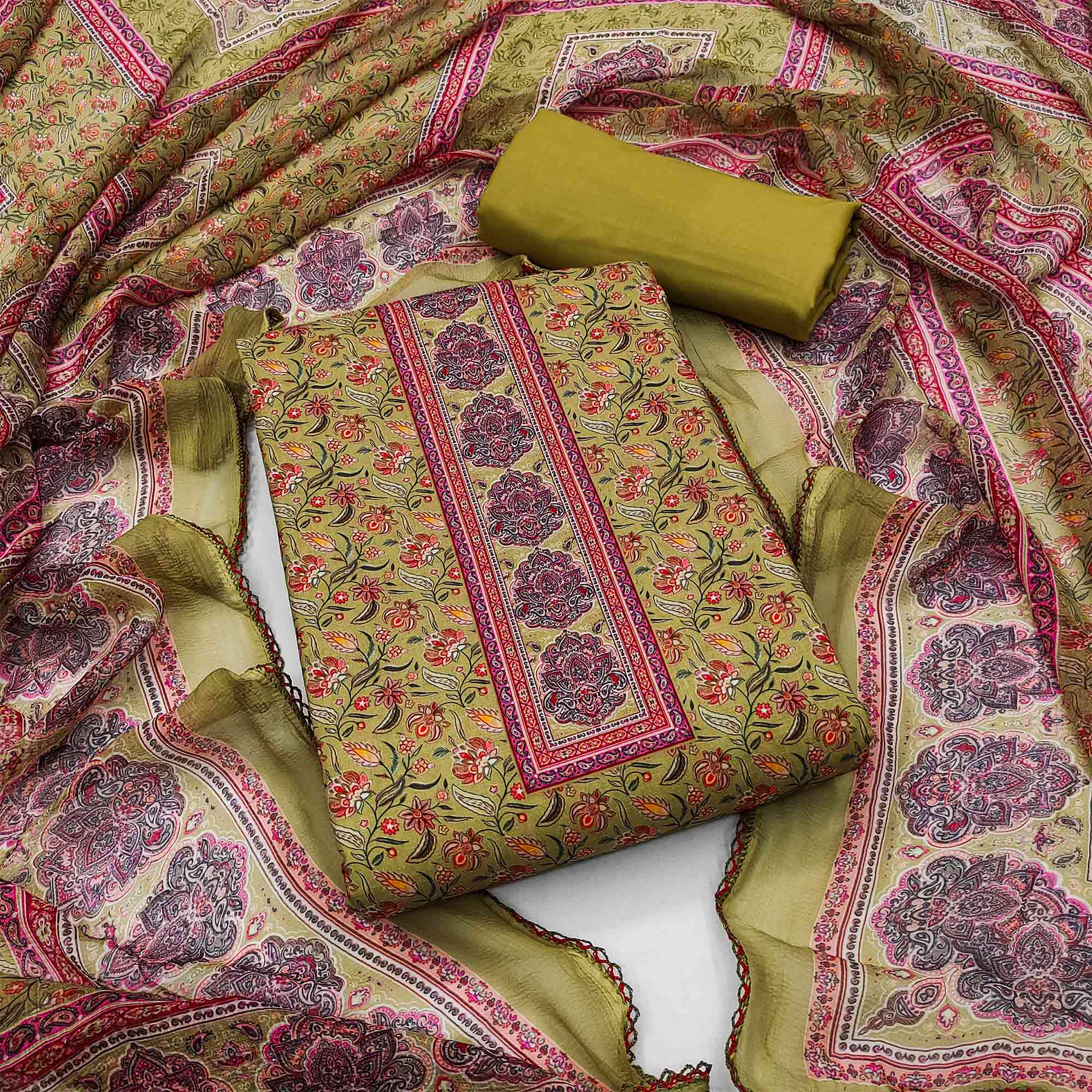 Green Floral Digital Printed Cotton Blend Dress Material