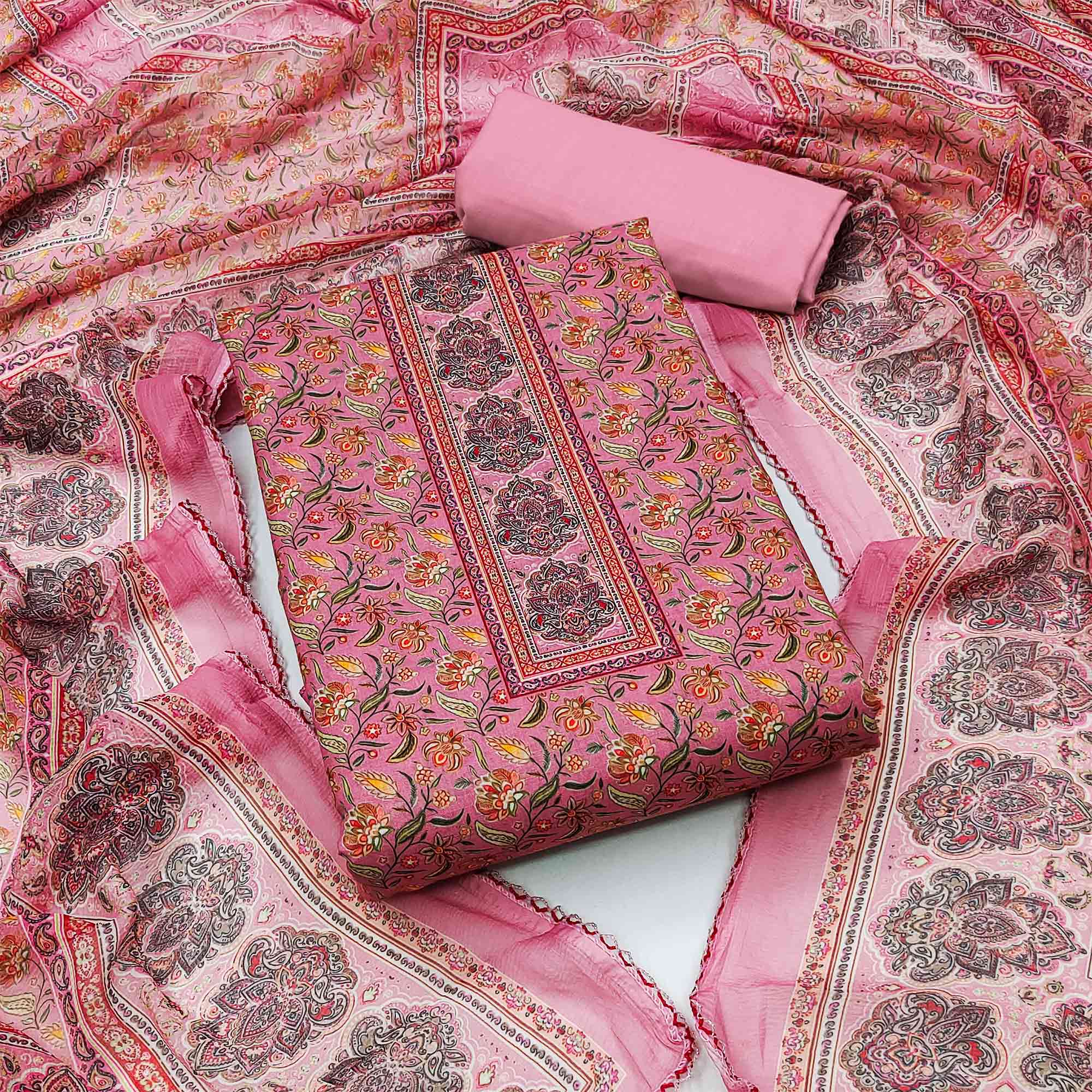 Pink Floral Digital Printed Cotton Blend Dress Material
