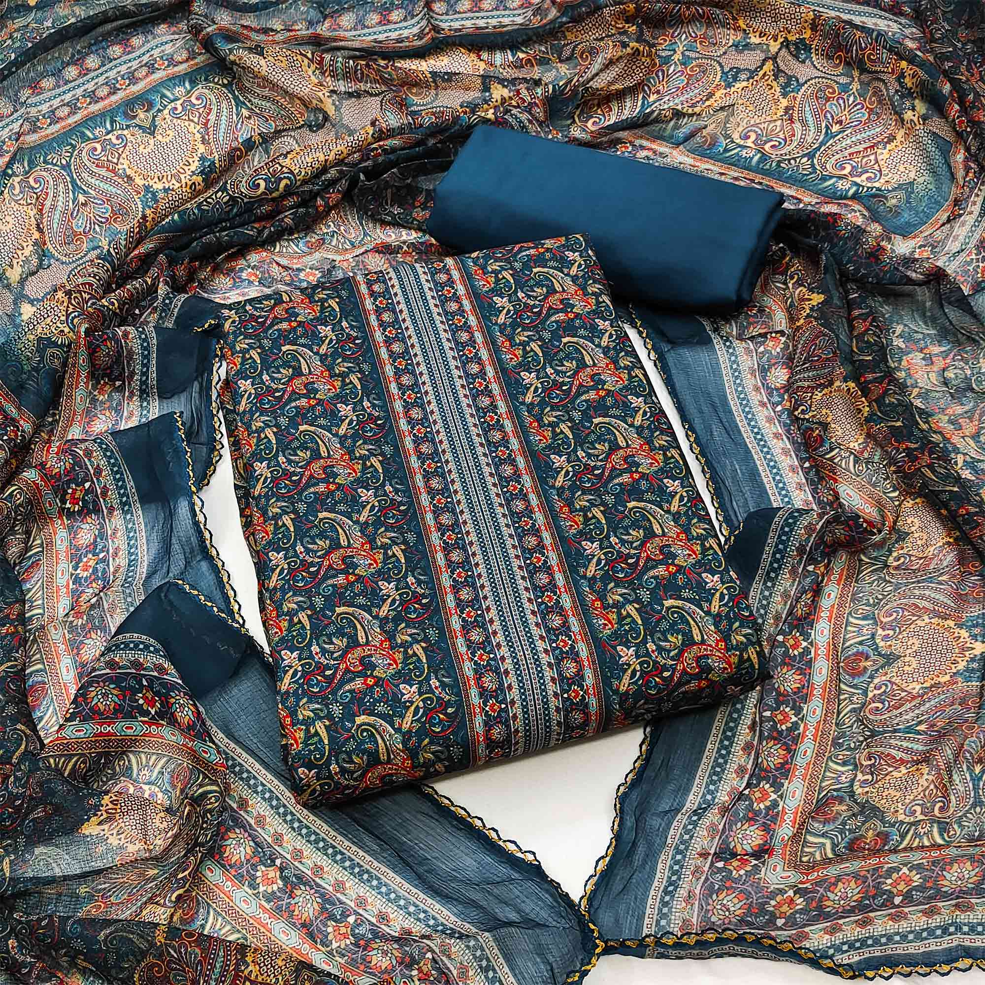 Blue Floral Digital Printed Cotton Blend Dress Material