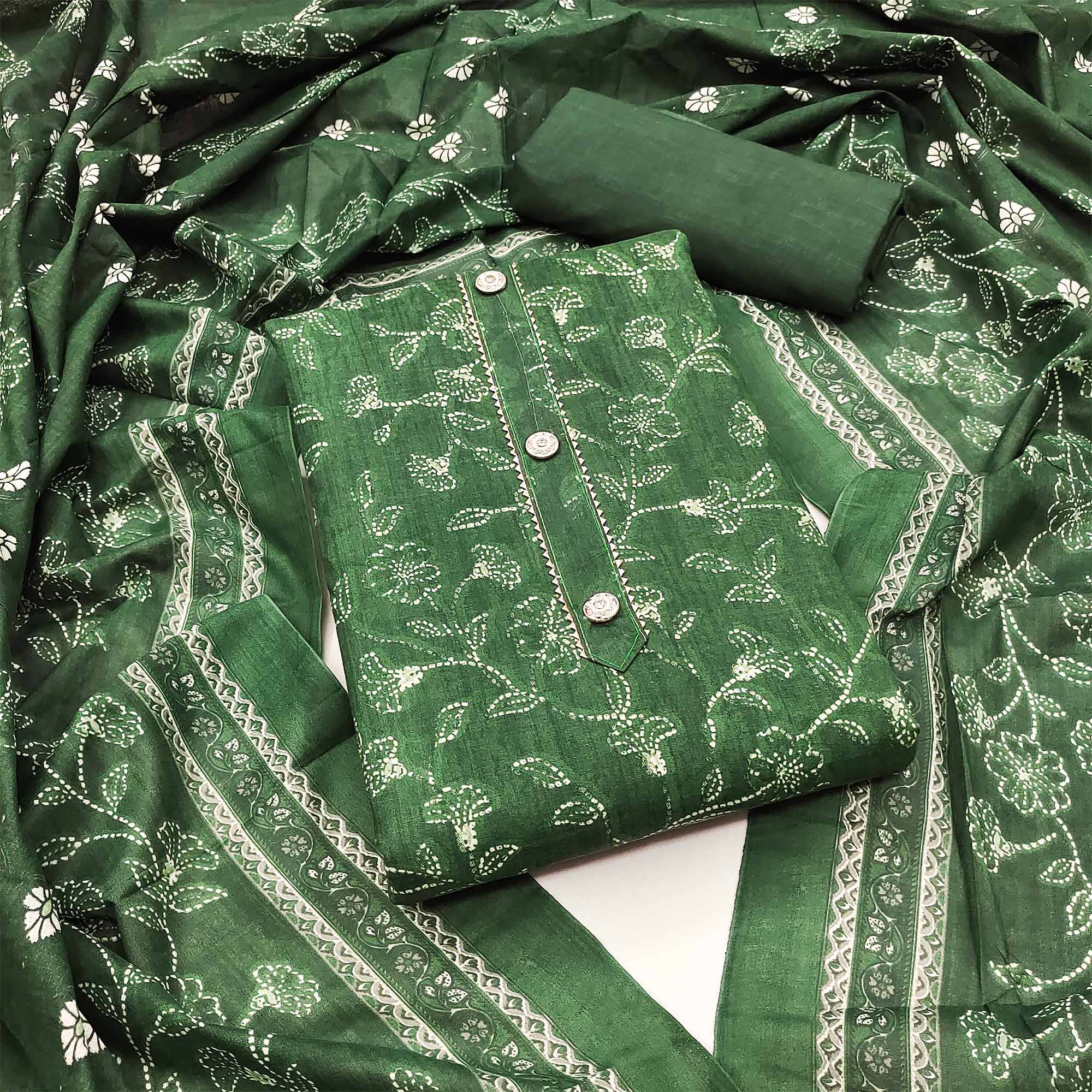 Green Floral Printed Cotton Blend Dress Material