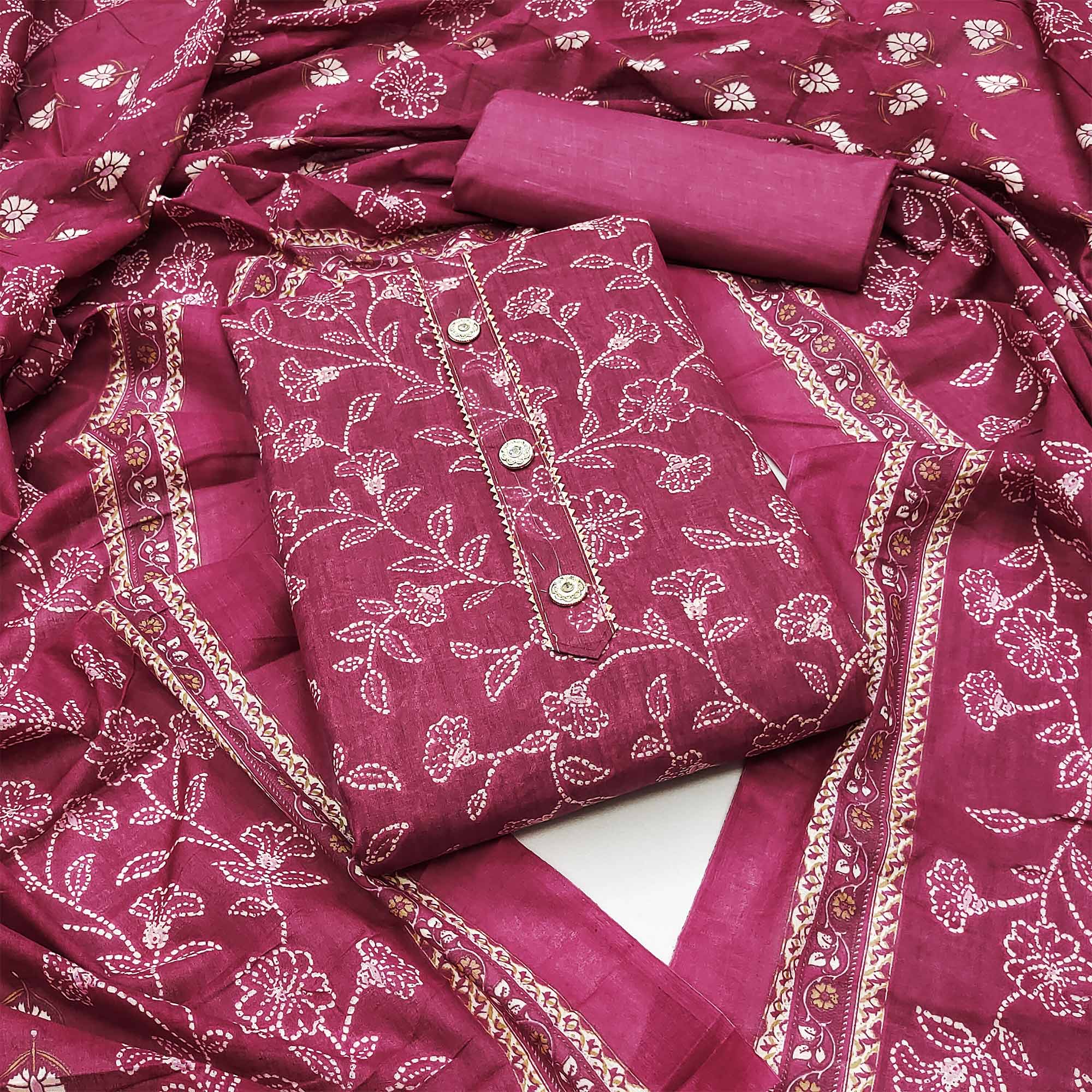 Pink Floral Printed Cotton Blend Dress Material