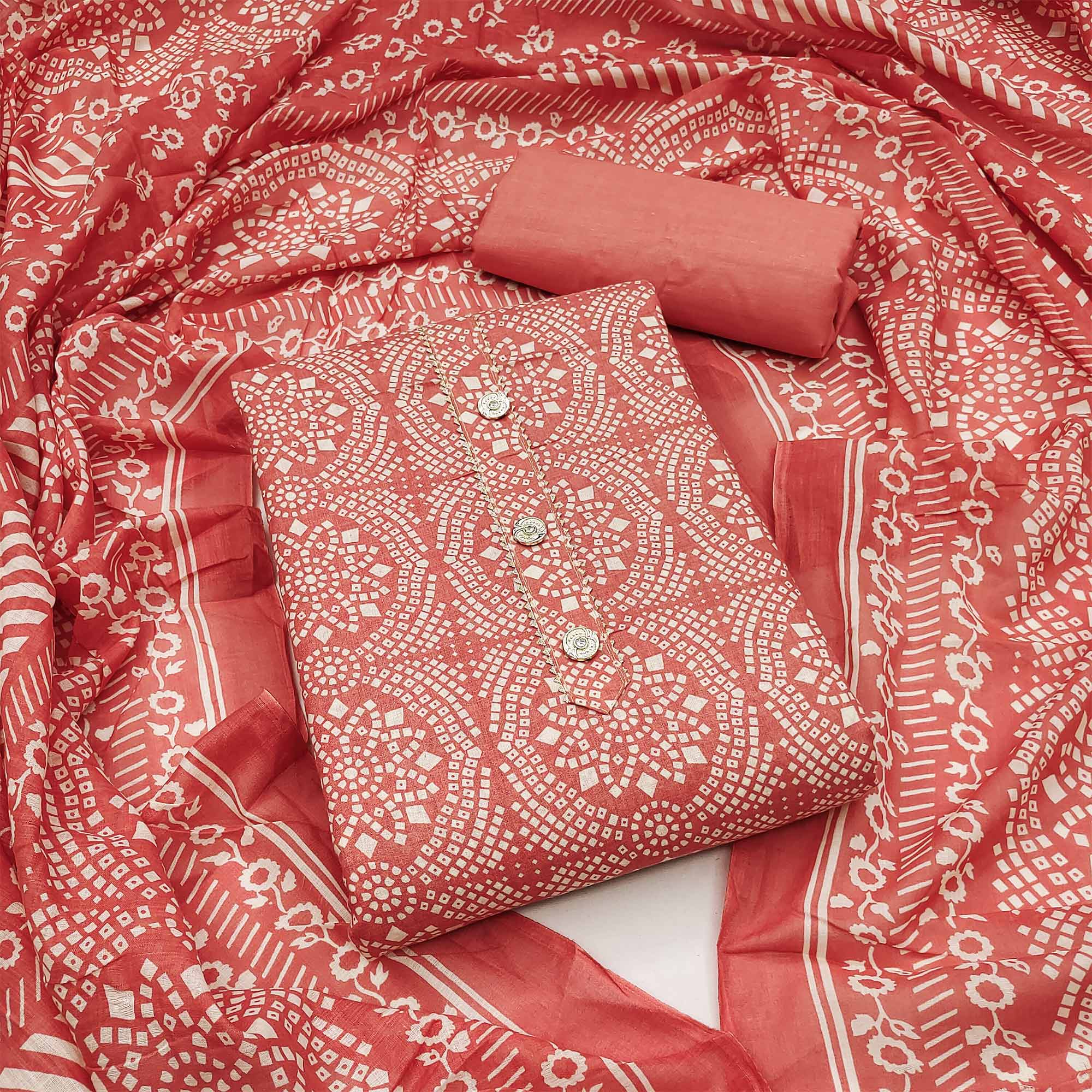 Orange Printed Cotton Blend Dress Material