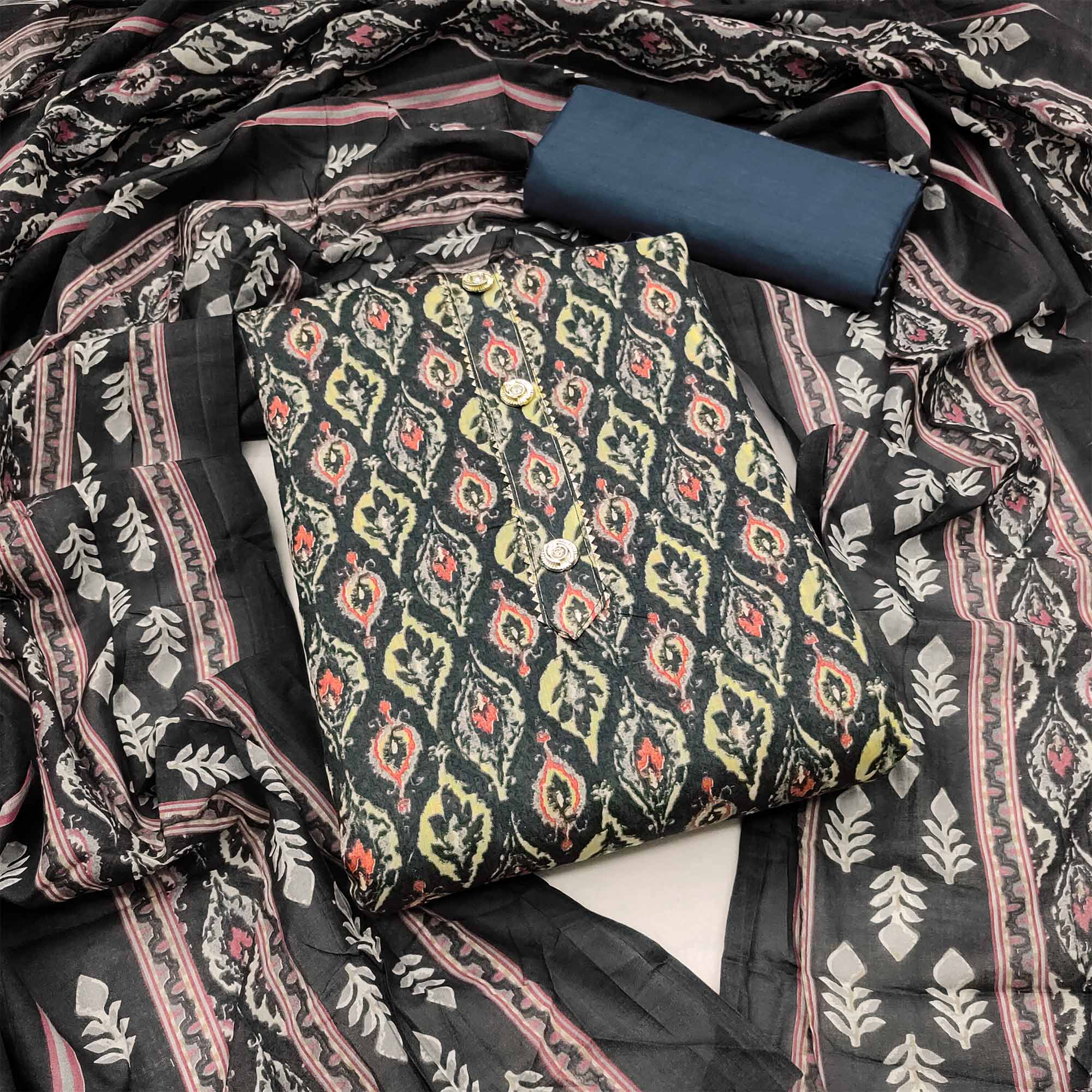 Grey Printed Cotton Blend Dress Material