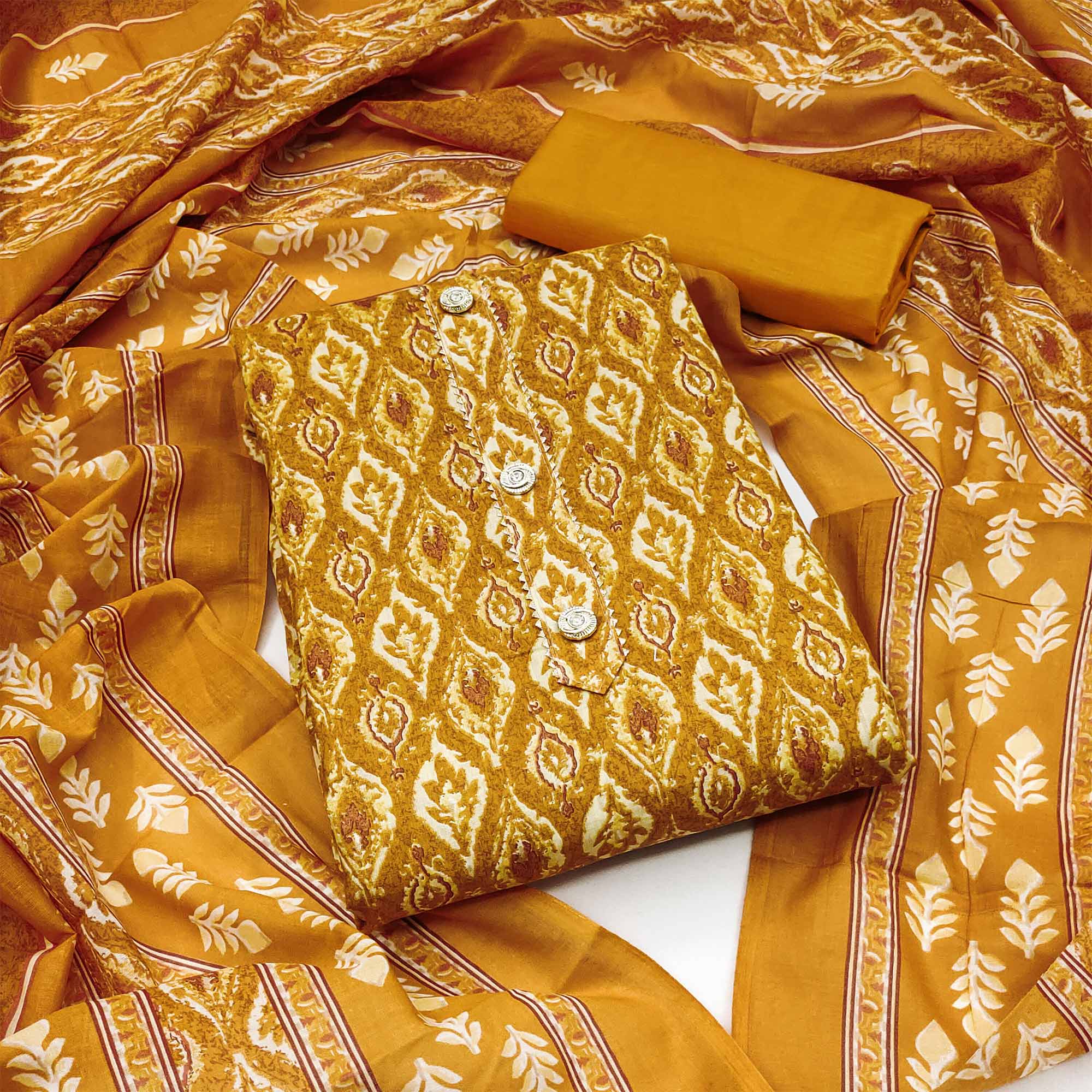 Yellow Printed Cotton Blend Dress Material