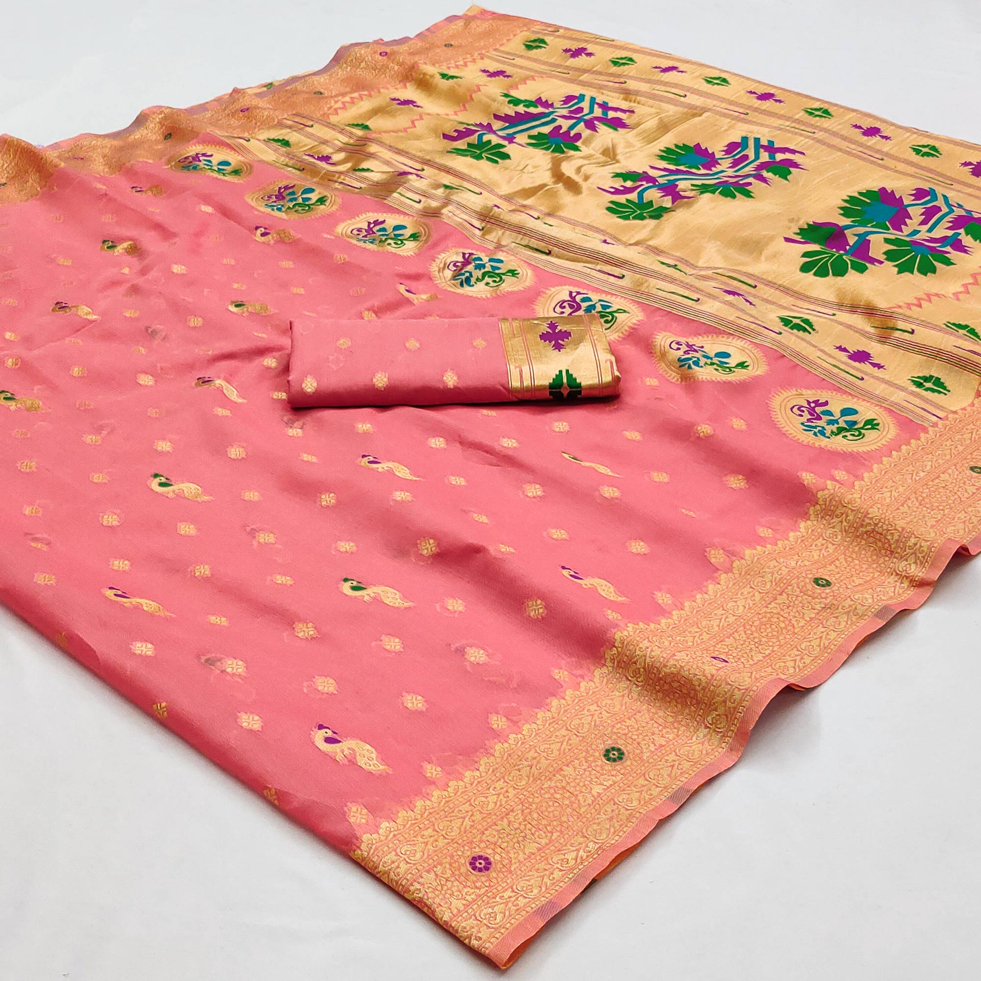 Peach Woven Pure Cotton Paithani Saree
