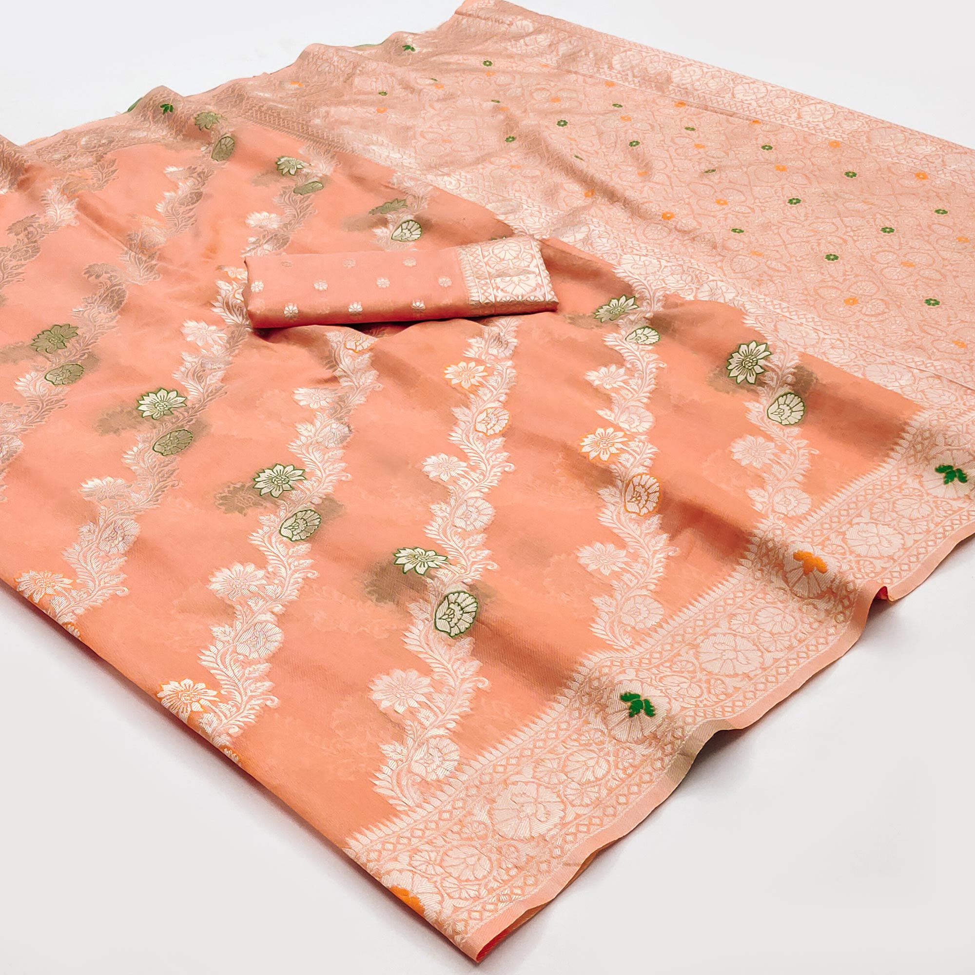 Peach Floral Woven Cotton Silk Saree