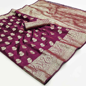 Wine Floral Woven Organza Saree With Tassels