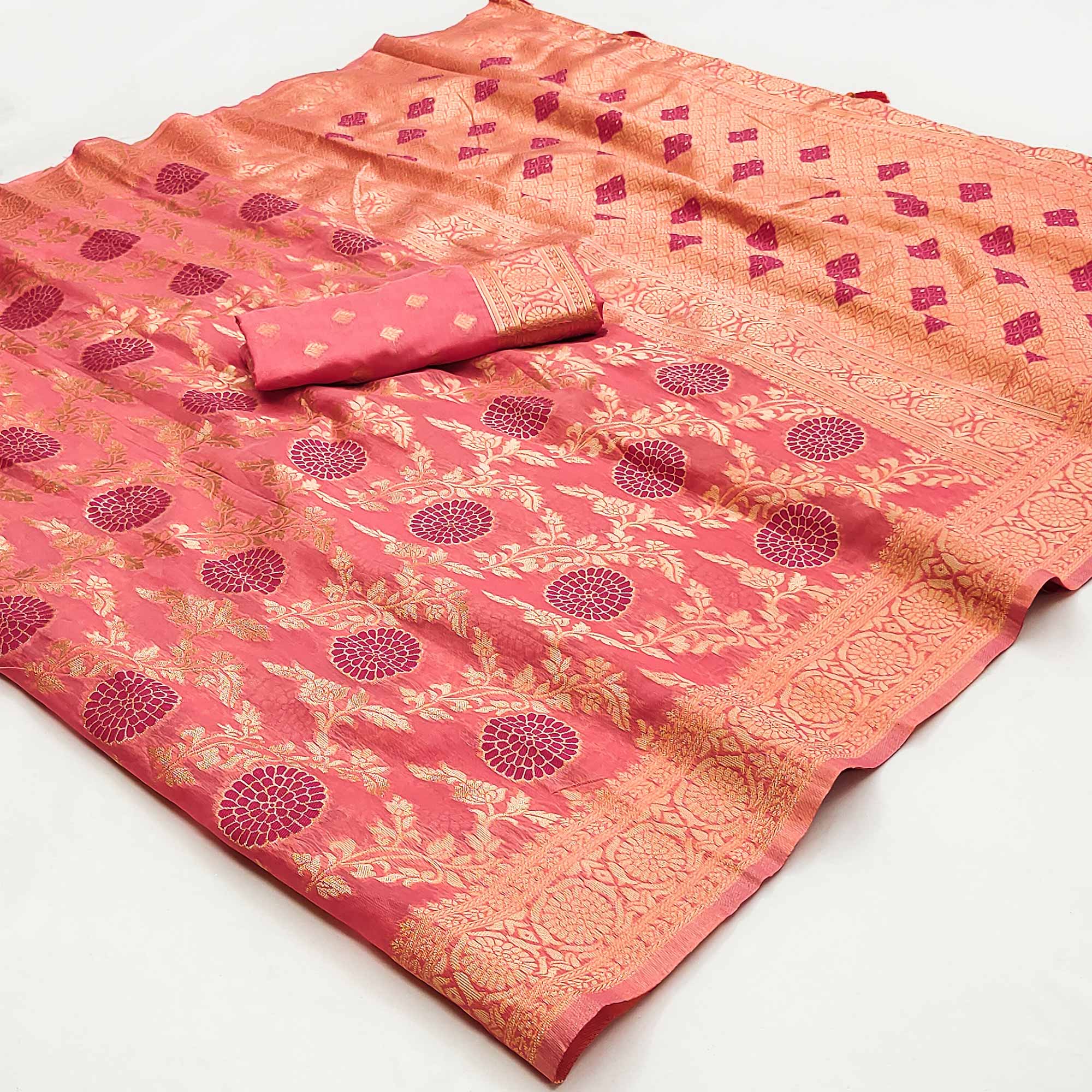 Peach Floral Woven Jacquard Saree With Tassels