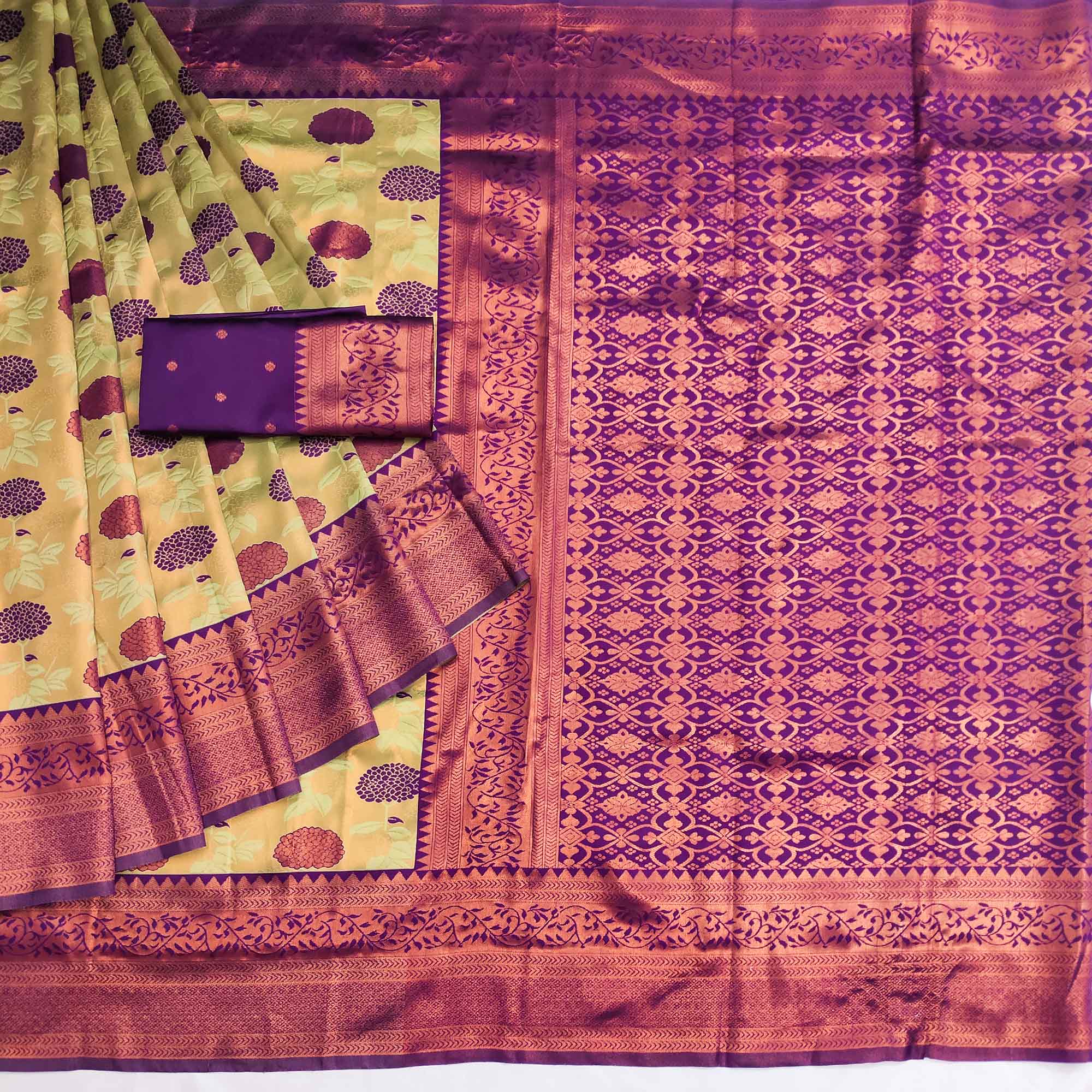 Cream & Purple Floral Zari Woven Cotton Silk Saree