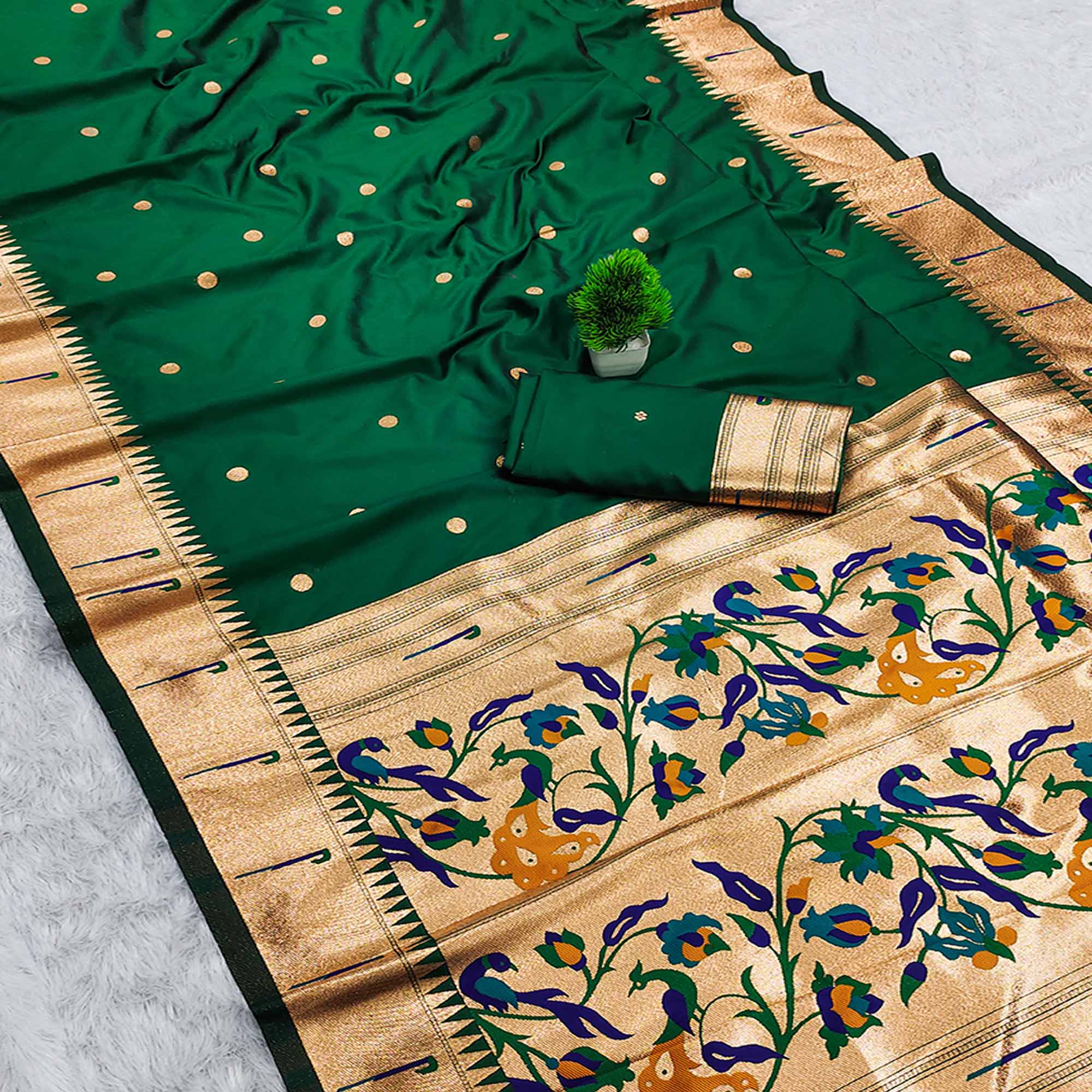Green Paithani Style Cotton Silk Saree with Golden Zari Detailing