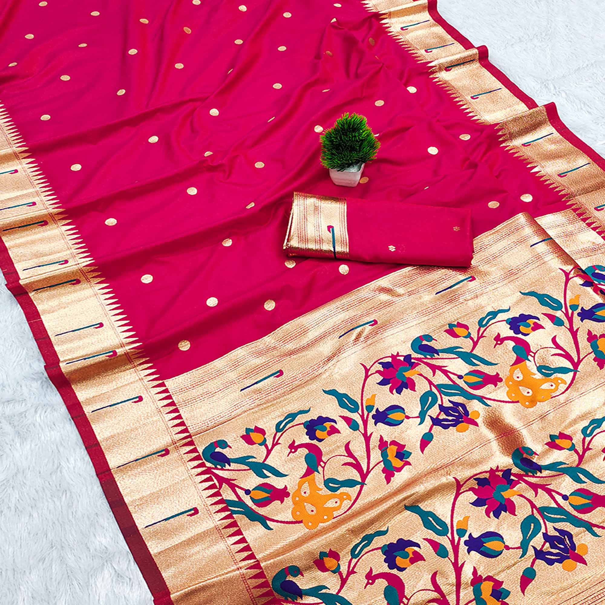 Pink Paithani Style Cotton Silk Saree with Golden Zari Detailing