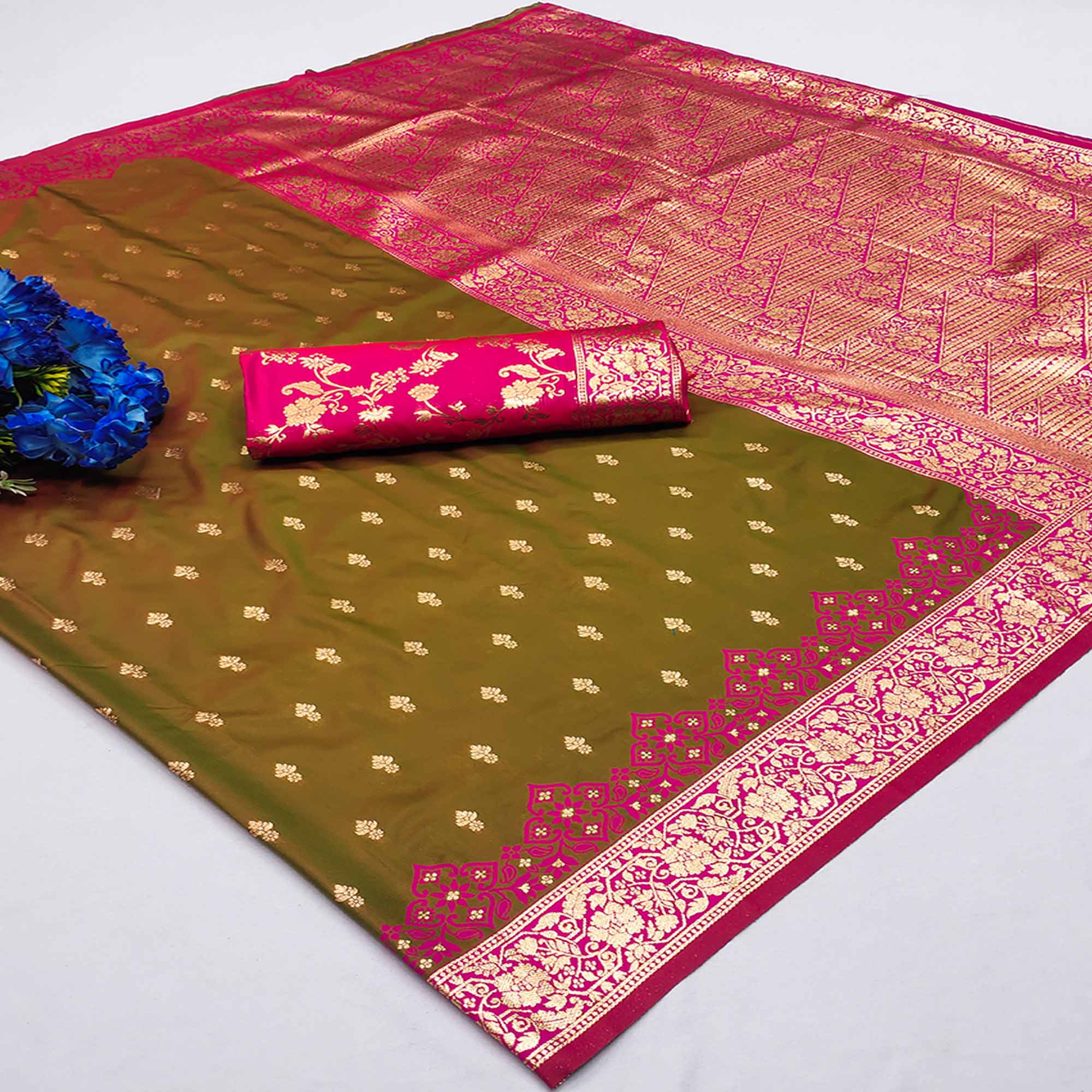Olive Cotton Silk Saree with Intricate Zari Weaving
