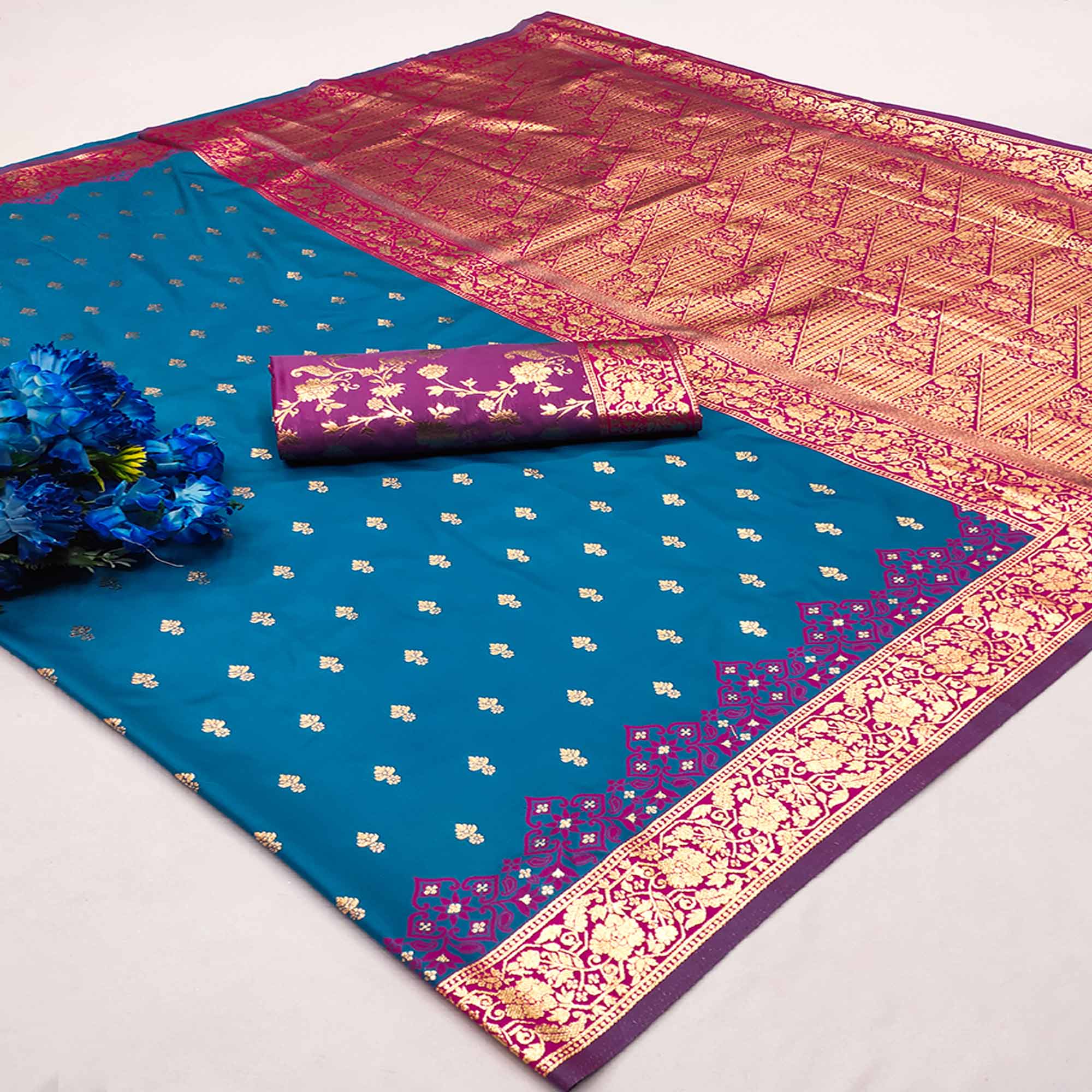 Rama Blue Cotton Silk Saree with Intricate Zari Weaving