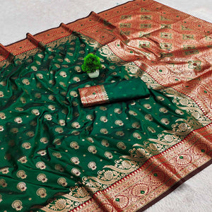 Dark Green Traditional Zari Woven Cotton Silk Saree for Special Occasions