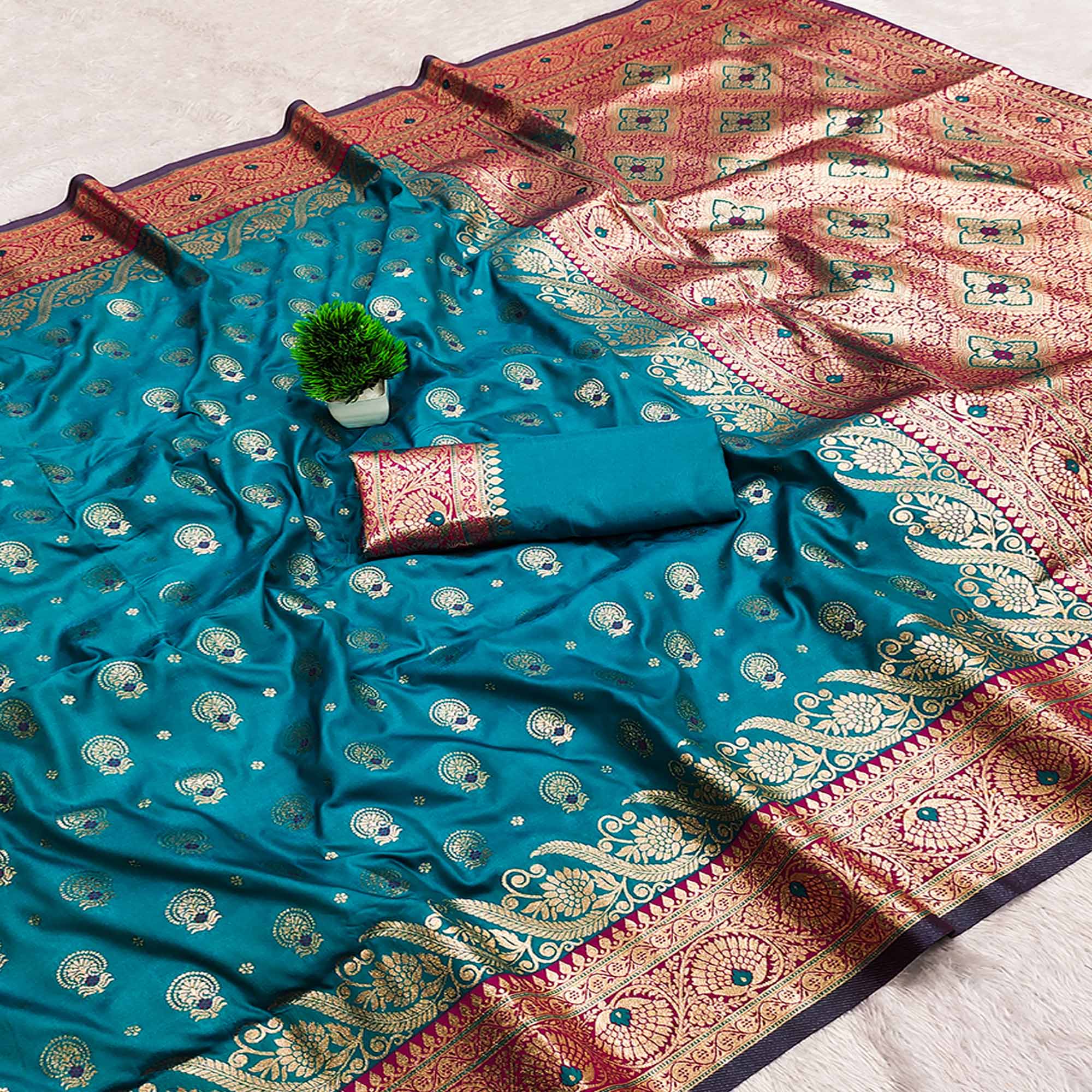 Rama Blue Traditional Zari Woven Cotton Silk Saree for Special Occasions