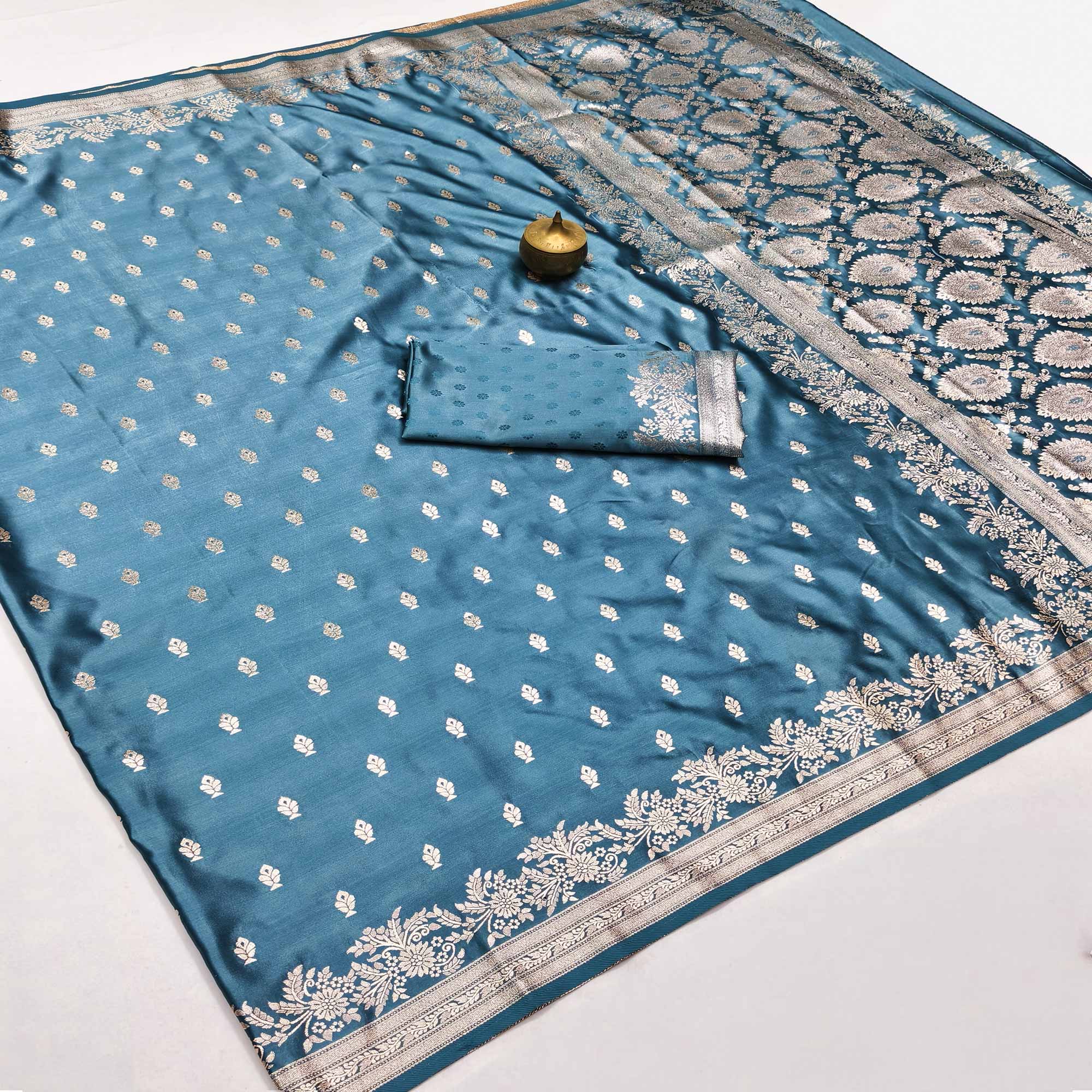 Luxury Teal Silk Saree with Classic Zari Butti Woven Patterns
