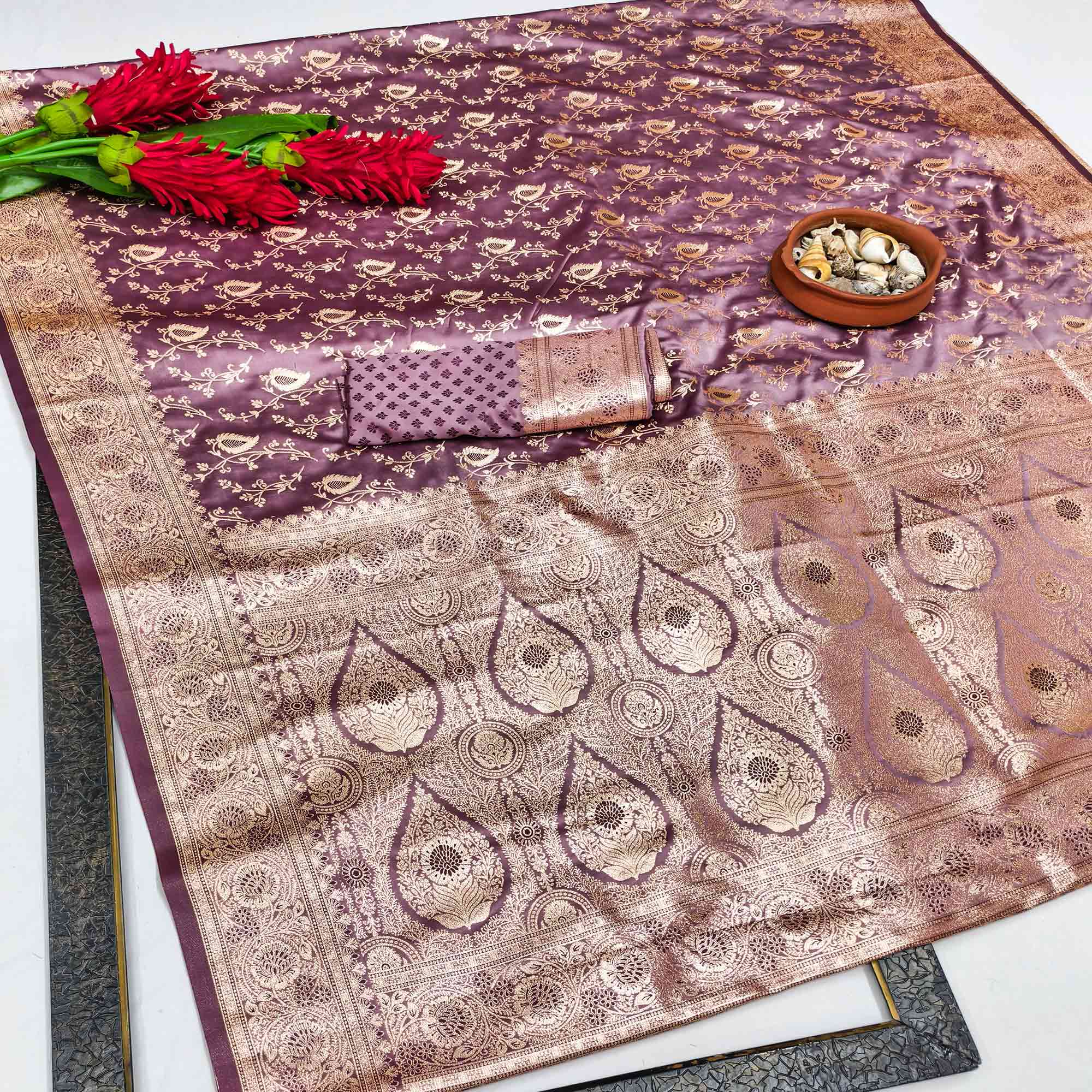 Luxury Plum Purple Silk Saree with Classic Zari Butti Woven Patterns