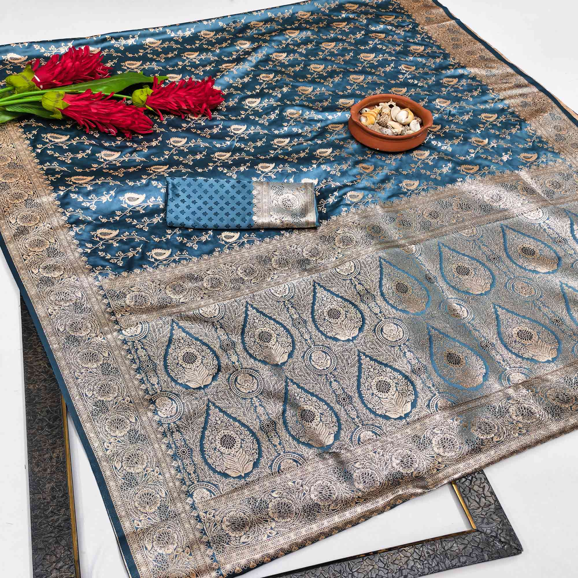 Teal Silk Saree with Classic Zari Butti Woven Patterns