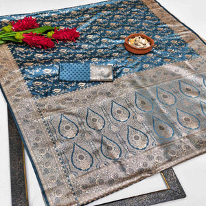 Teal Silk Saree with Classic Zari Butti Woven Patterns