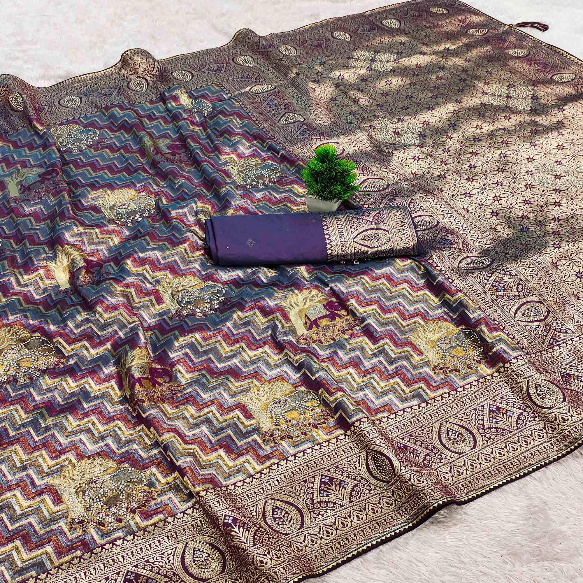 Purple Kanjivaram Silk Weaving Saree Accented With Exquisite Floral & Elephant Motif & Jarkan Work