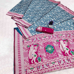 Elegant Blue Weaving Cotton Silk Saree Accented With Detailed Madhubani Folk Art Work