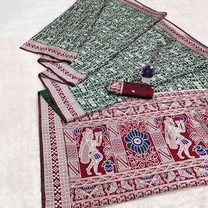 Elegant Green Weaving Cotton Silk Saree Accented With Detailed Madhubani Folk Art Work